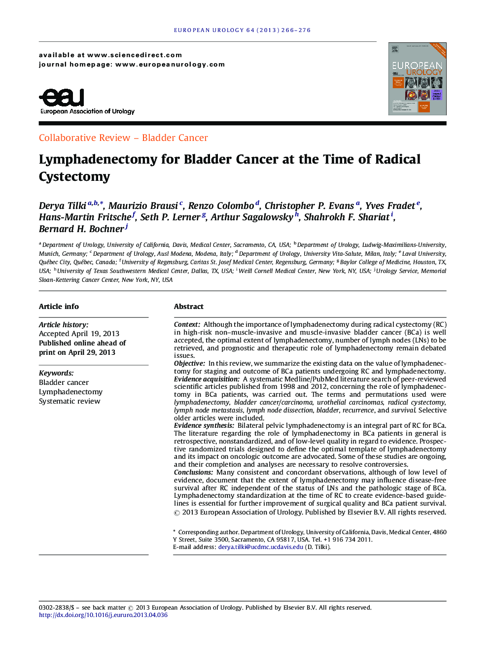 Lymphadenectomy for Bladder Cancer at the Time of Radical Cystectomy