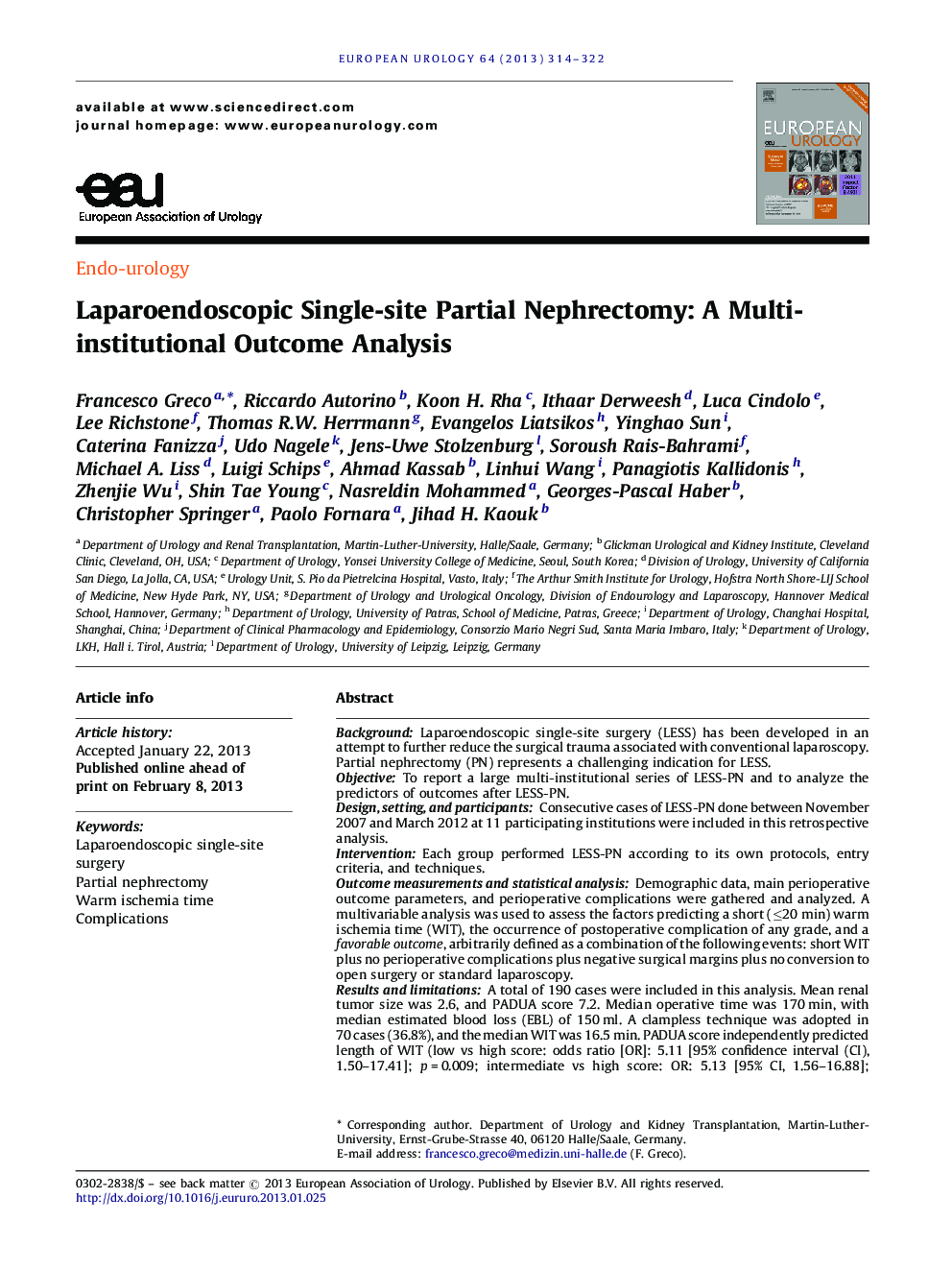 Laparoendoscopic Single-site Partial Nephrectomy: A Multi-institutional Outcome Analysis