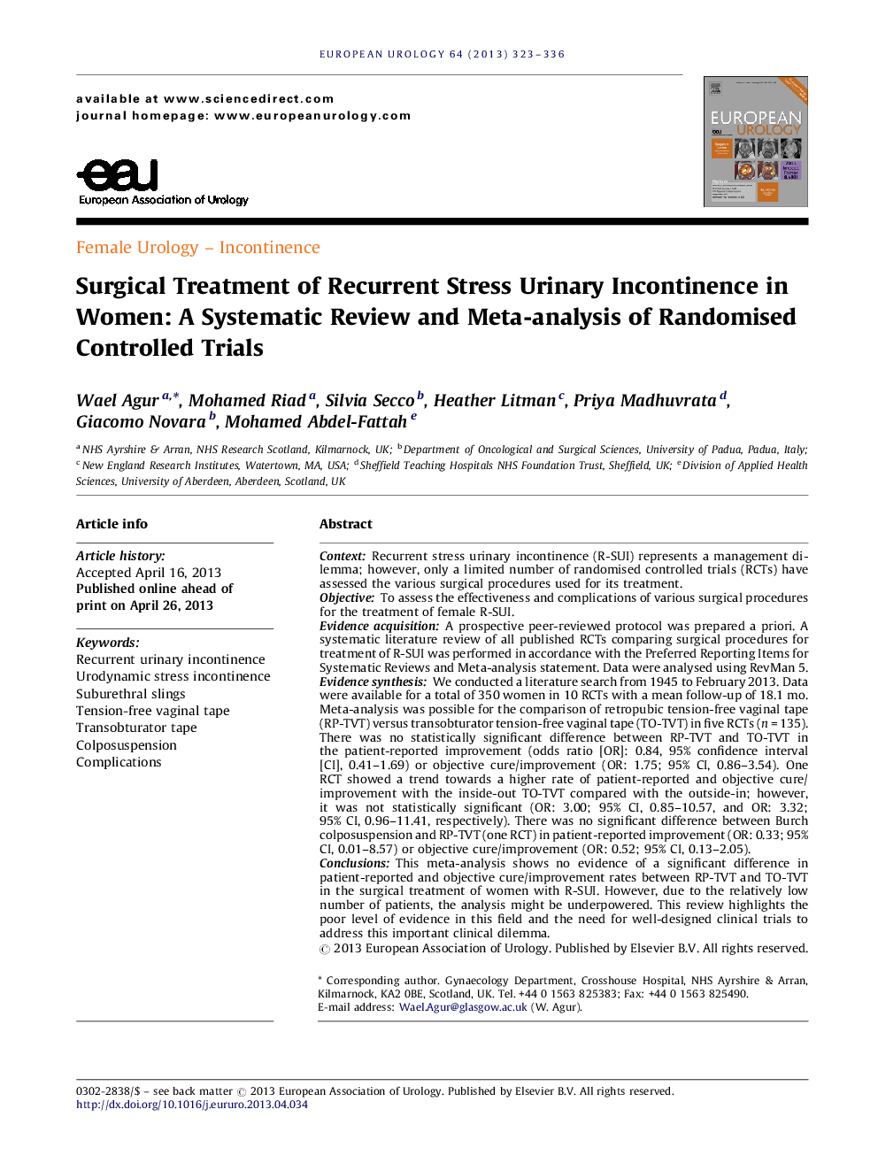 Surgical Treatment of Recurrent Stress Urinary Incontinence in Women: A Systematic Review and Meta-analysis of Randomised Controlled Trials