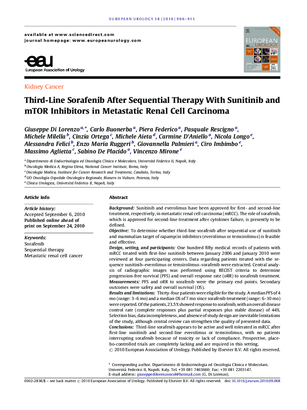 Third-Line Sorafenib After Sequential Therapy With Sunitinib and mTOR Inhibitors in Metastatic Renal Cell Carcinoma