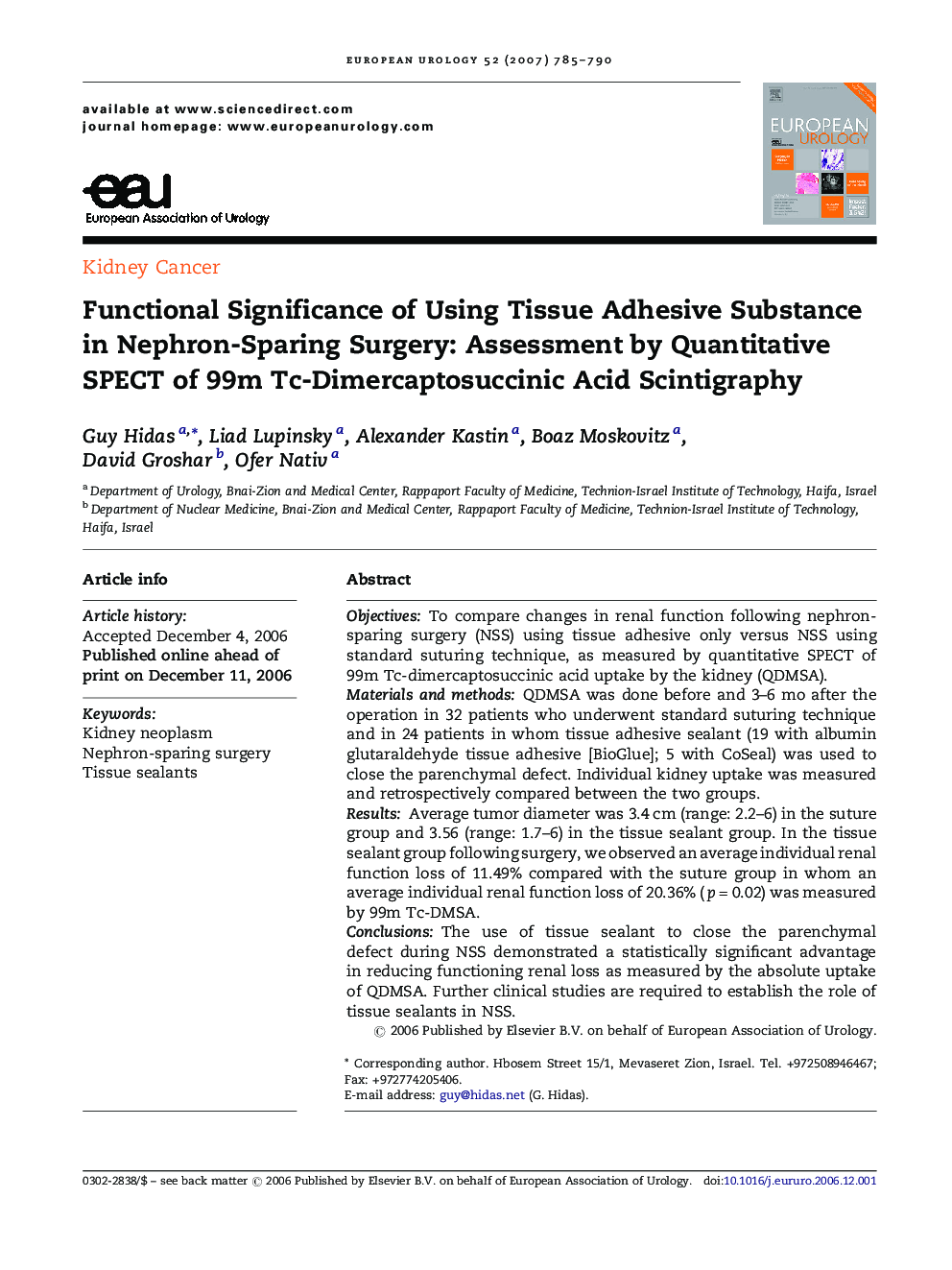 Functional Significance of Using Tissue Adhesive Substance in Nephron-Sparing Surgery: Assessment by Quantitative SPECT of 99m Tc-Dimercaptosuccinic Acid Scintigraphy