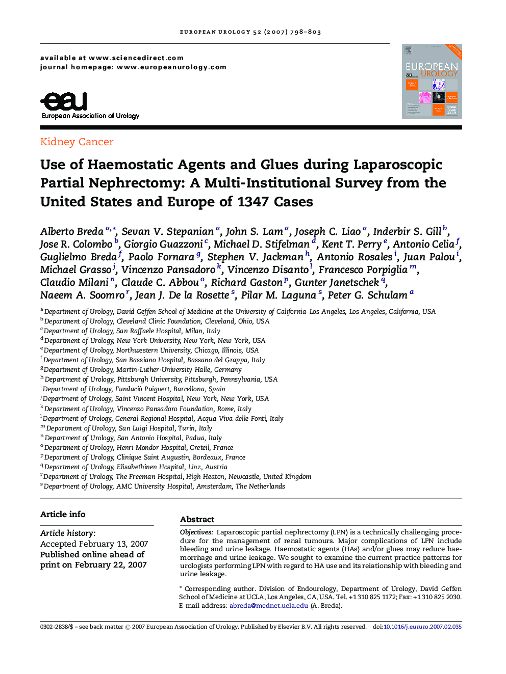 Use of Haemostatic Agents and Glues during Laparoscopic Partial Nephrectomy: A Multi-Institutional Survey from the United States and Europe of 1347 Cases 