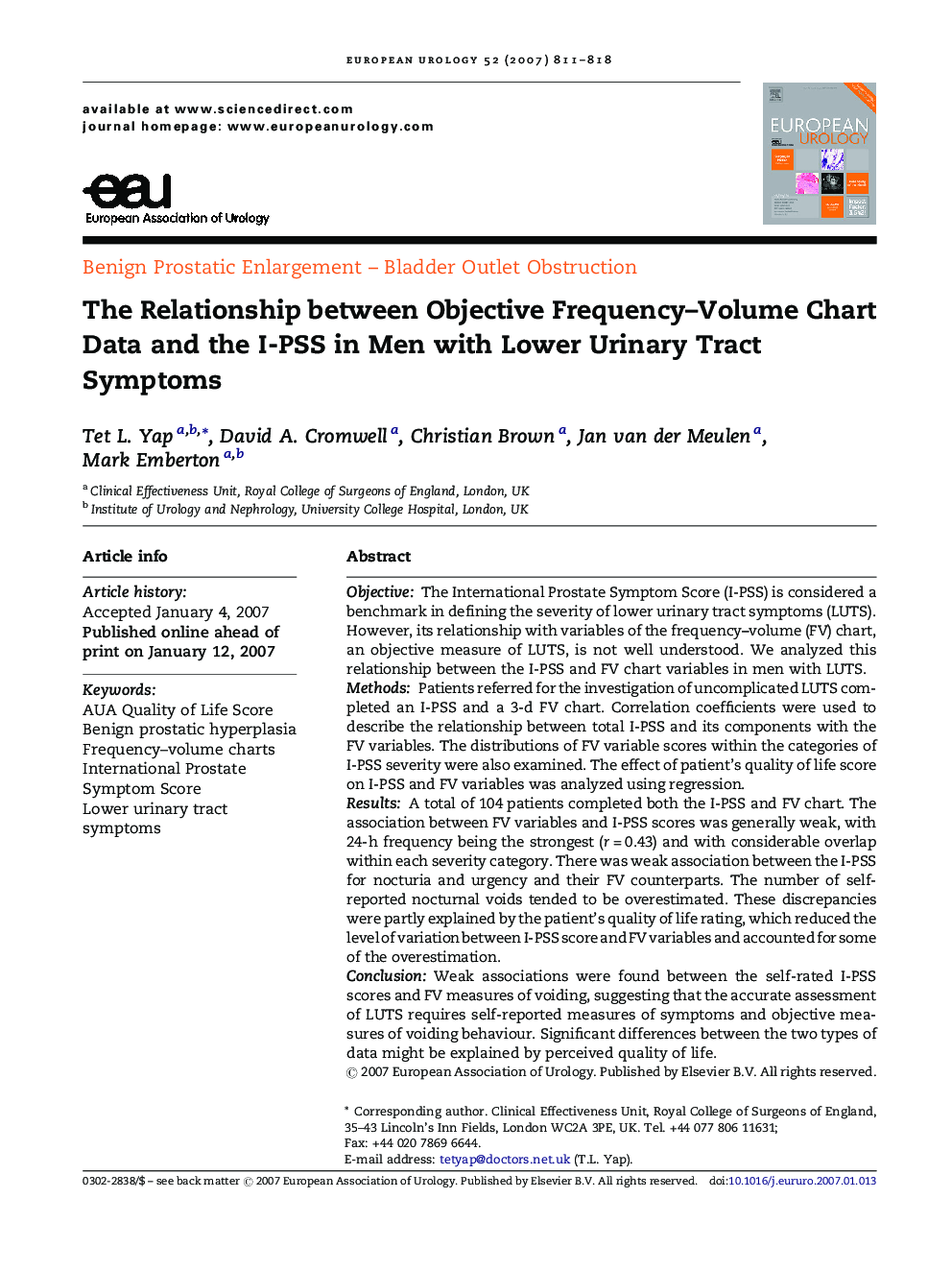 The Relationship between Objective Frequency–Volume Chart Data and the I-PSS in Men with Lower Urinary Tract Symptoms