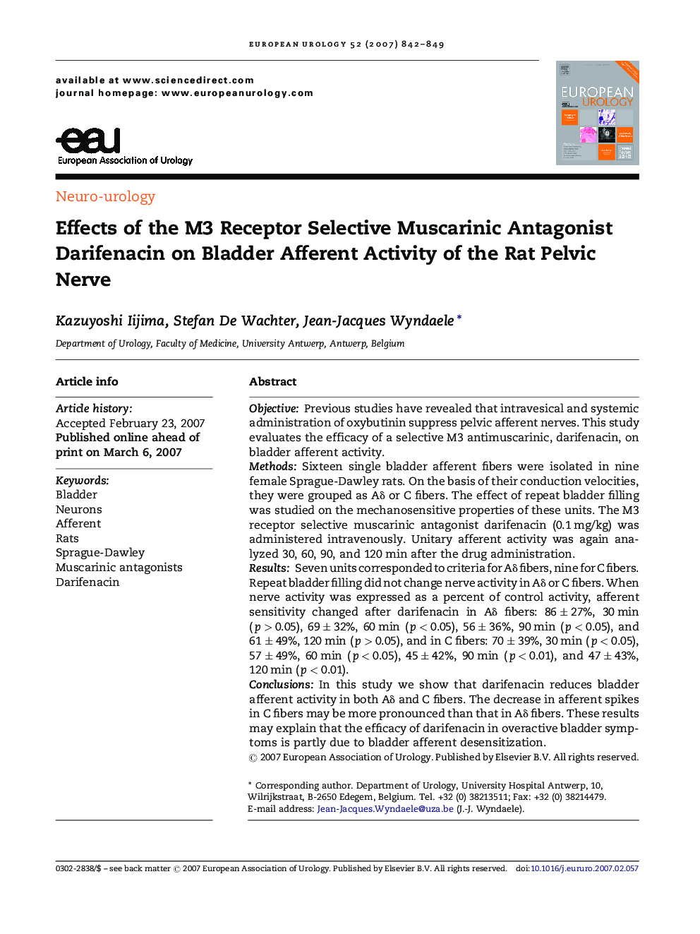 Effects of the M3 Receptor Selective Muscarinic Antagonist Darifenacin on Bladder Afferent Activity of the Rat Pelvic Nerve
