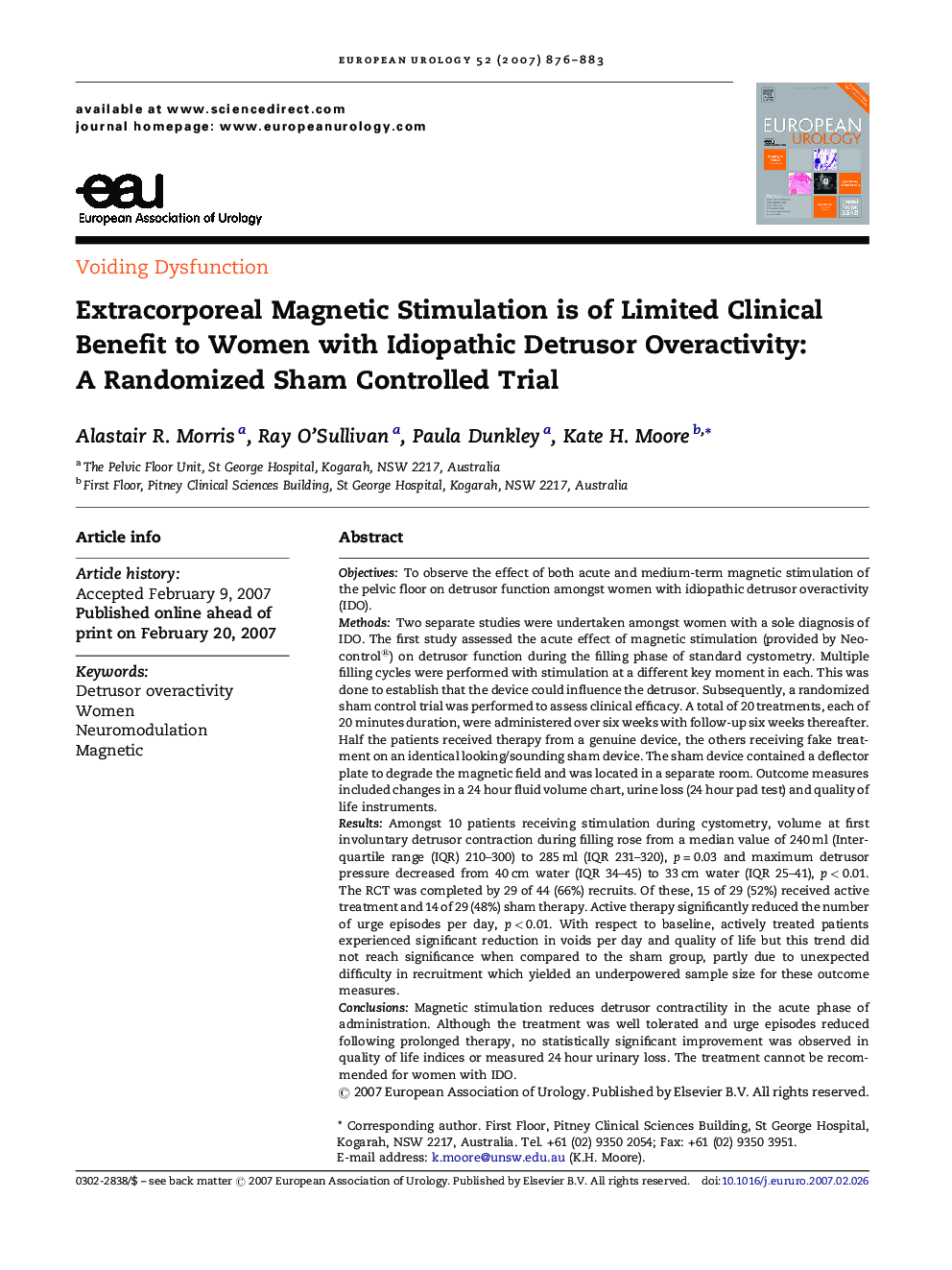 Extracorporeal Magnetic Stimulation is of Limited Clinical Benefit to Women with Idiopathic Detrusor Overactivity: A Randomized Sham Controlled Trial