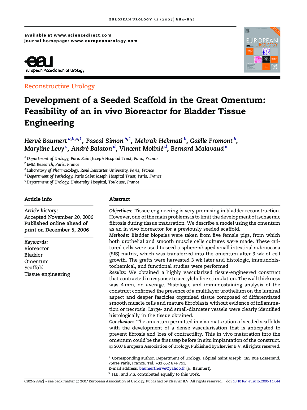 Development of a Seeded Scaffold in the Great Omentum: Feasibility of an in vivo Bioreactor for Bladder Tissue Engineering