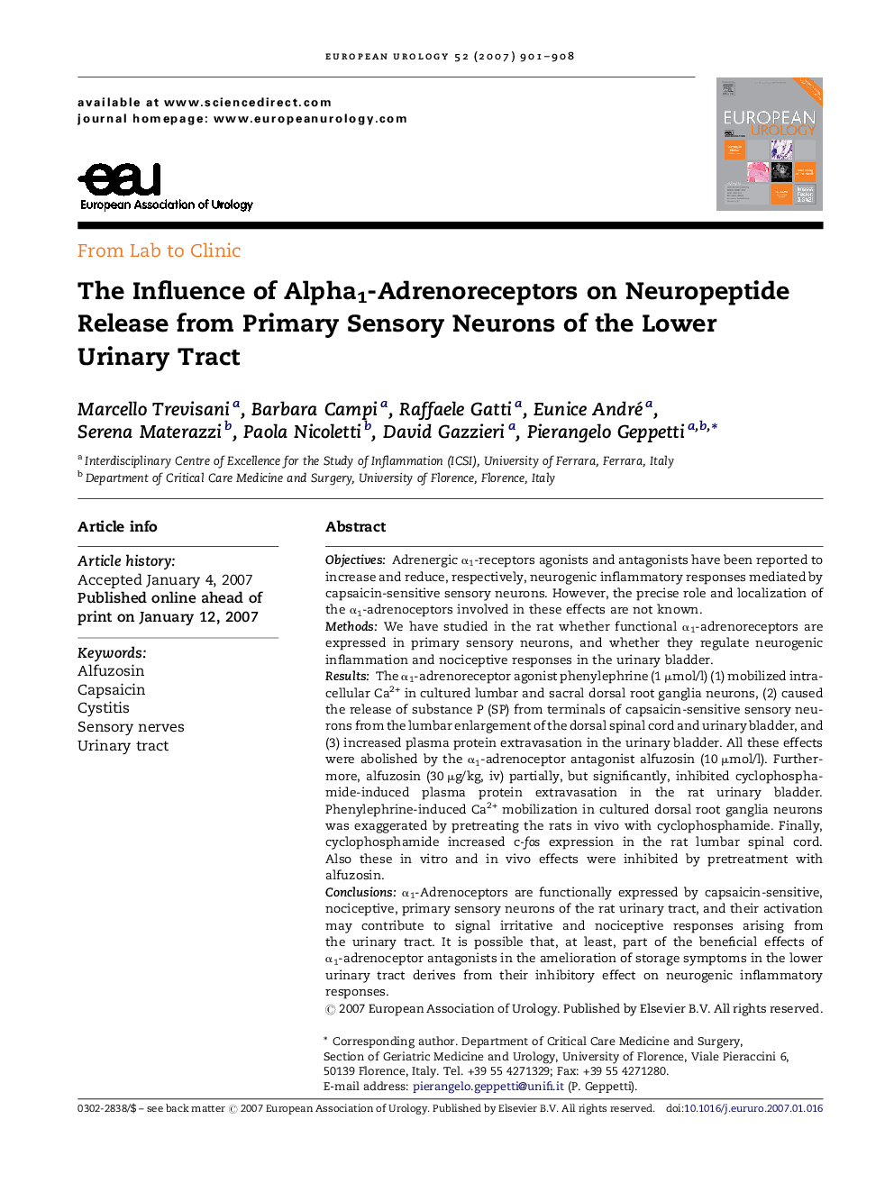 The Influence of Alpha1-Adrenoreceptors on Neuropeptide Release from Primary Sensory Neurons of the Lower Urinary Tract