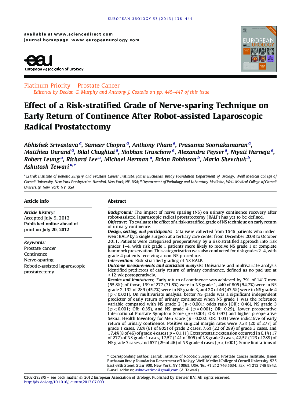 Effect of a Risk-stratified Grade of Nerve-sparing Technique on Early Return of Continence After Robot-assisted Laparoscopic Radical Prostatectomy