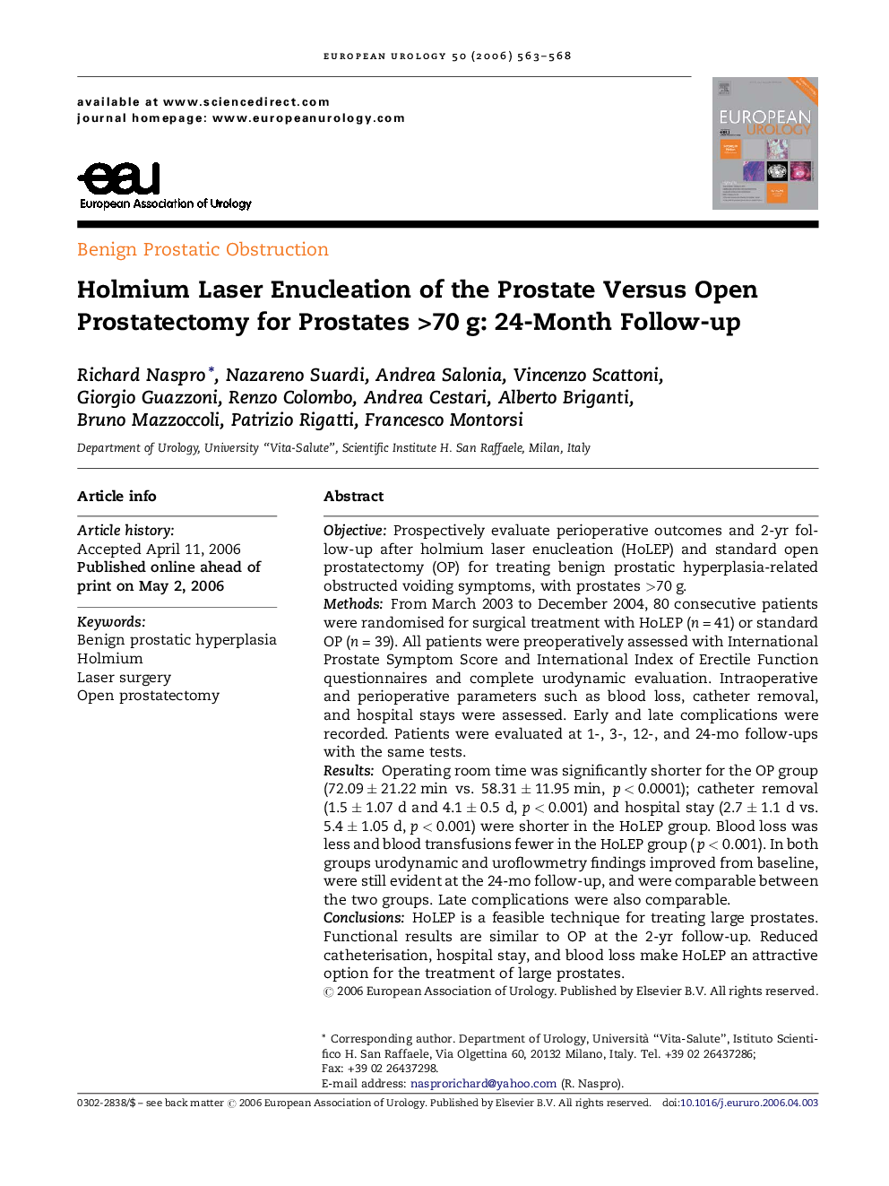 Holmium Laser Enucleation of the Prostate Versus Open Prostatectomy for Prostates >70 g: 24-Month Follow-up