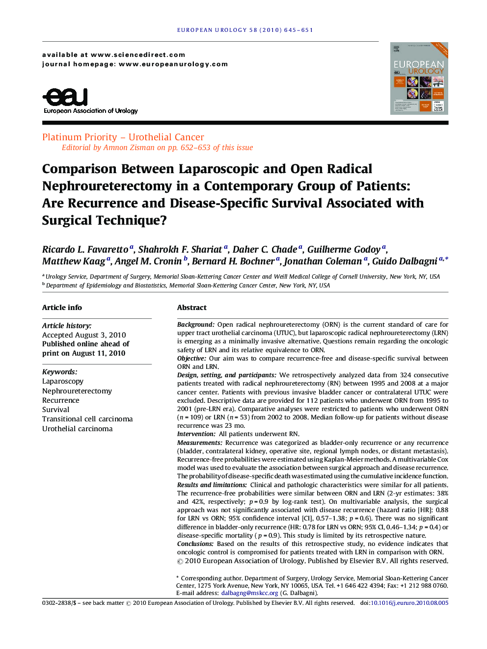 Comparison Between Laparoscopic and Open Radical Nephroureterectomy in a Contemporary Group of Patients: Are Recurrence and Disease-Specific Survival Associated with Surgical Technique?