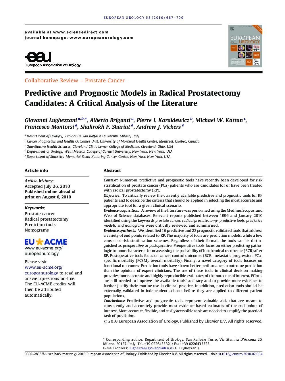 Predictive and Prognostic Models in Radical Prostatectomy Candidates: A Critical Analysis of the Literature 