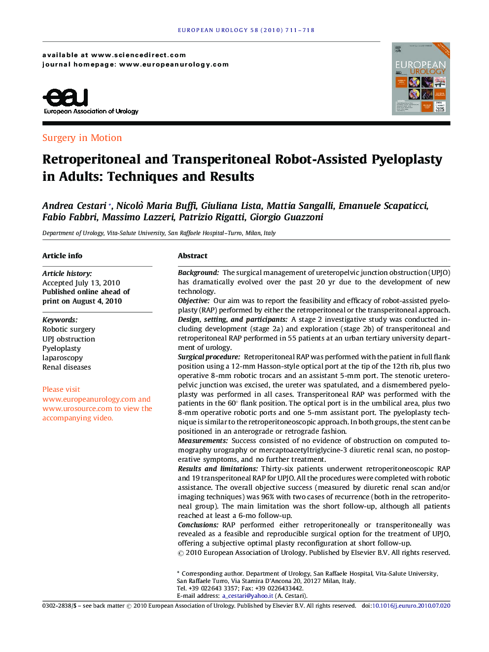 Retroperitoneal and Transperitoneal Robot-Assisted Pyeloplasty in Adults: Techniques and Results