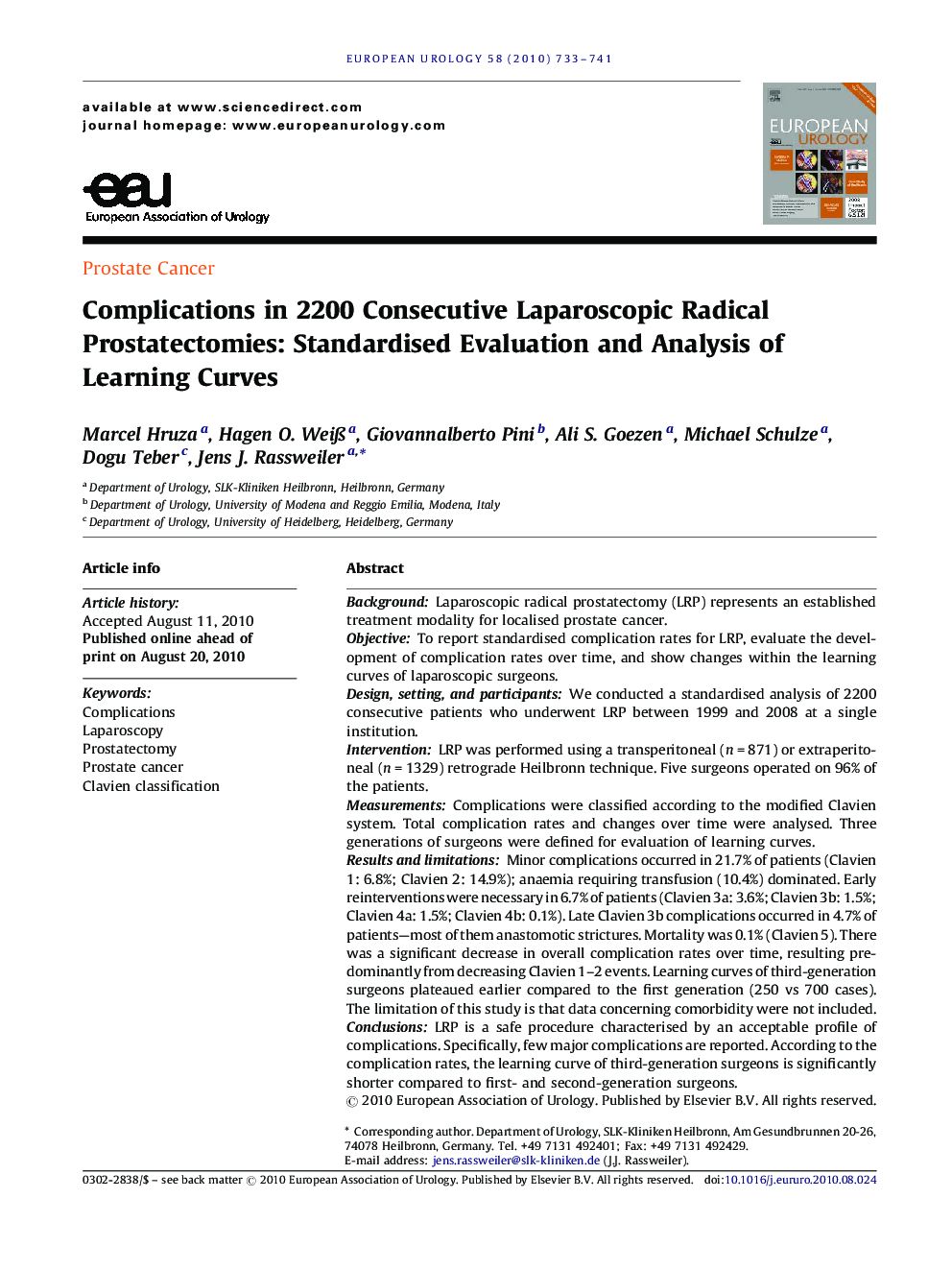 Complications in 2200 Consecutive Laparoscopic Radical Prostatectomies: Standardised Evaluation and Analysis of Learning Curves