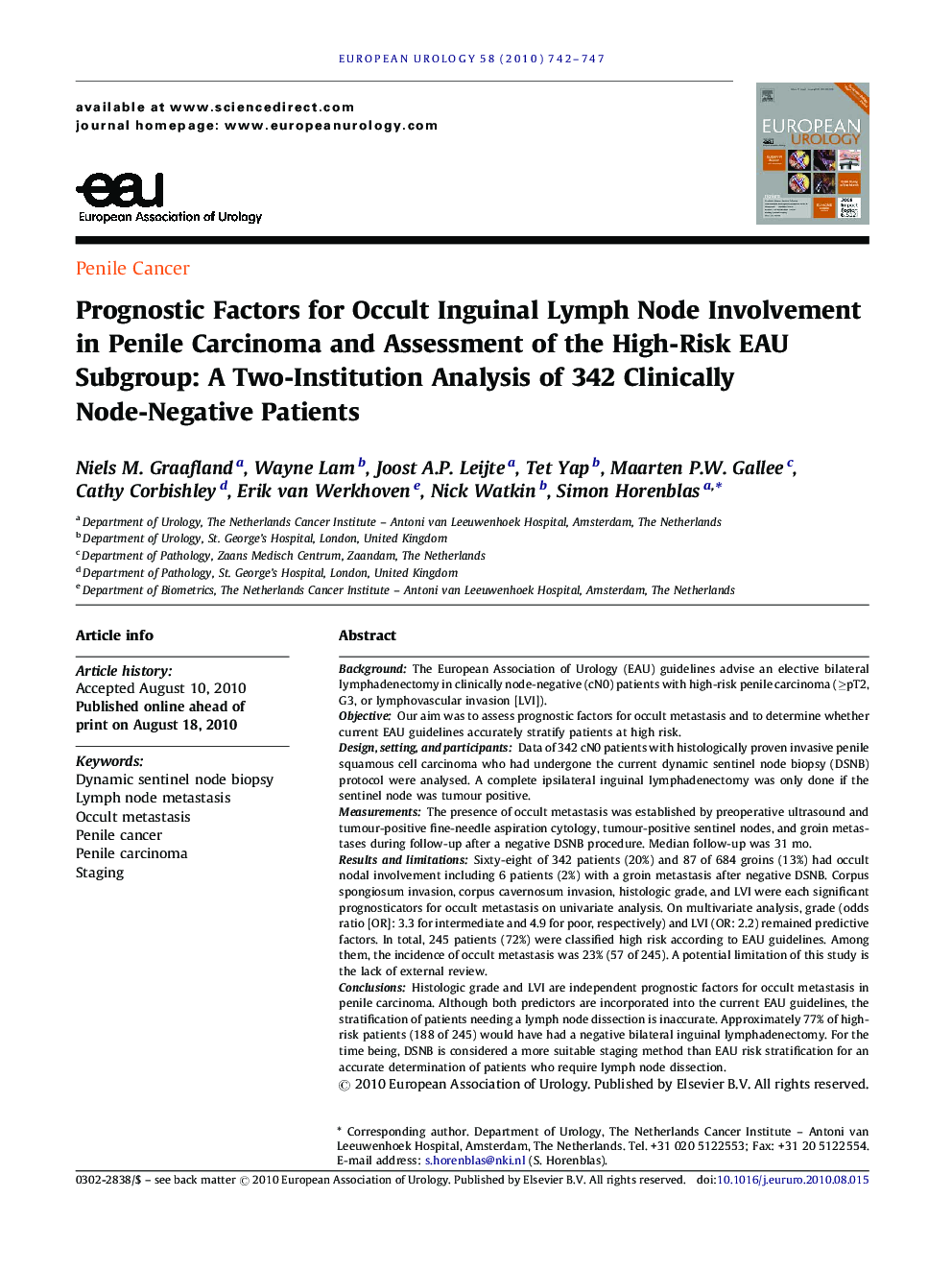 Prognostic Factors for Occult Inguinal Lymph Node Involvement in Penile Carcinoma and Assessment of the High-Risk EAU Subgroup: A Two-Institution Analysis of 342 Clinically Node-Negative Patients
