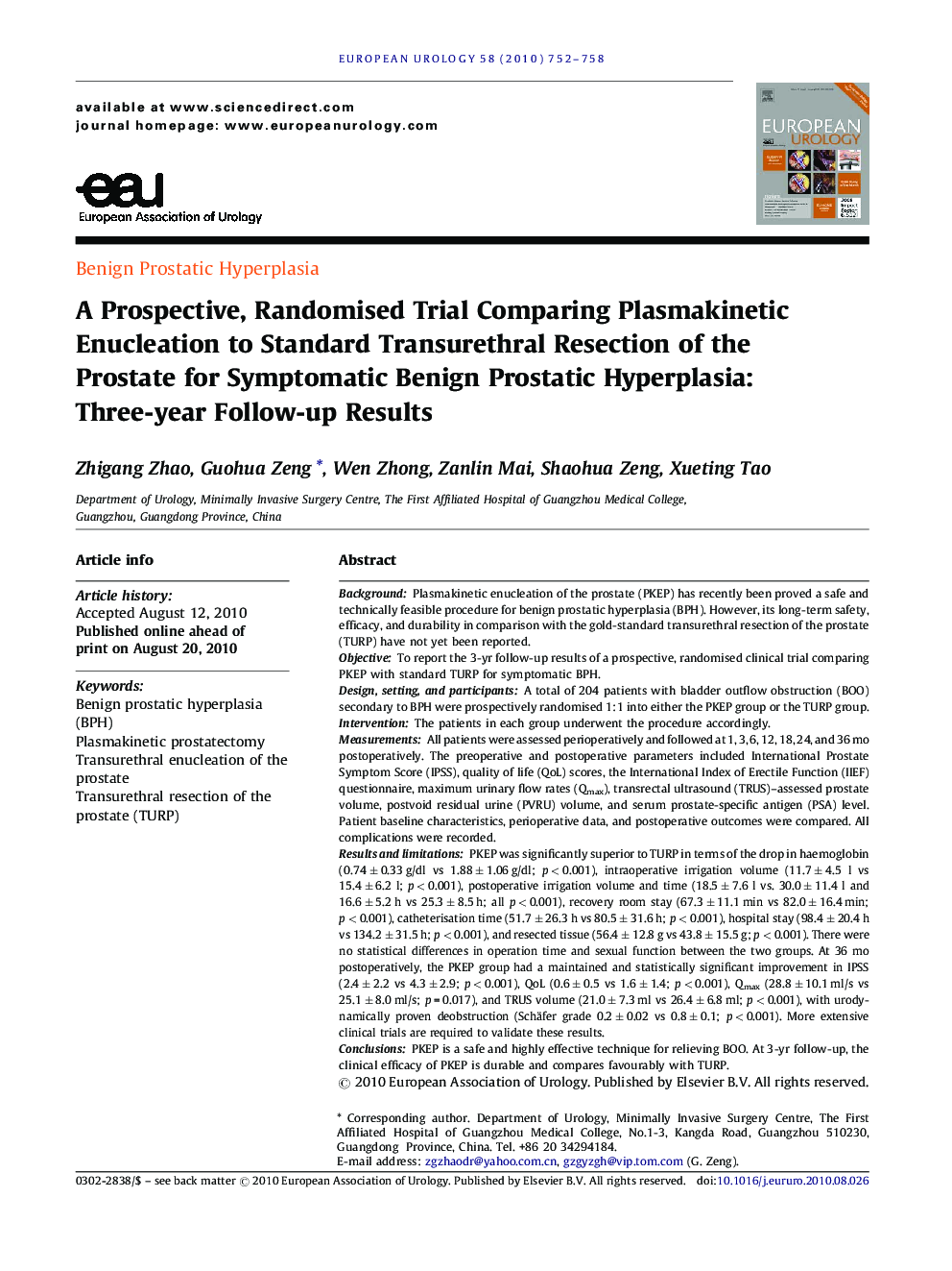 A Prospective, Randomised Trial Comparing Plasmakinetic Enucleation to Standard Transurethral Resection of the Prostate for Symptomatic Benign Prostatic Hyperplasia: Three-year Follow-up Results