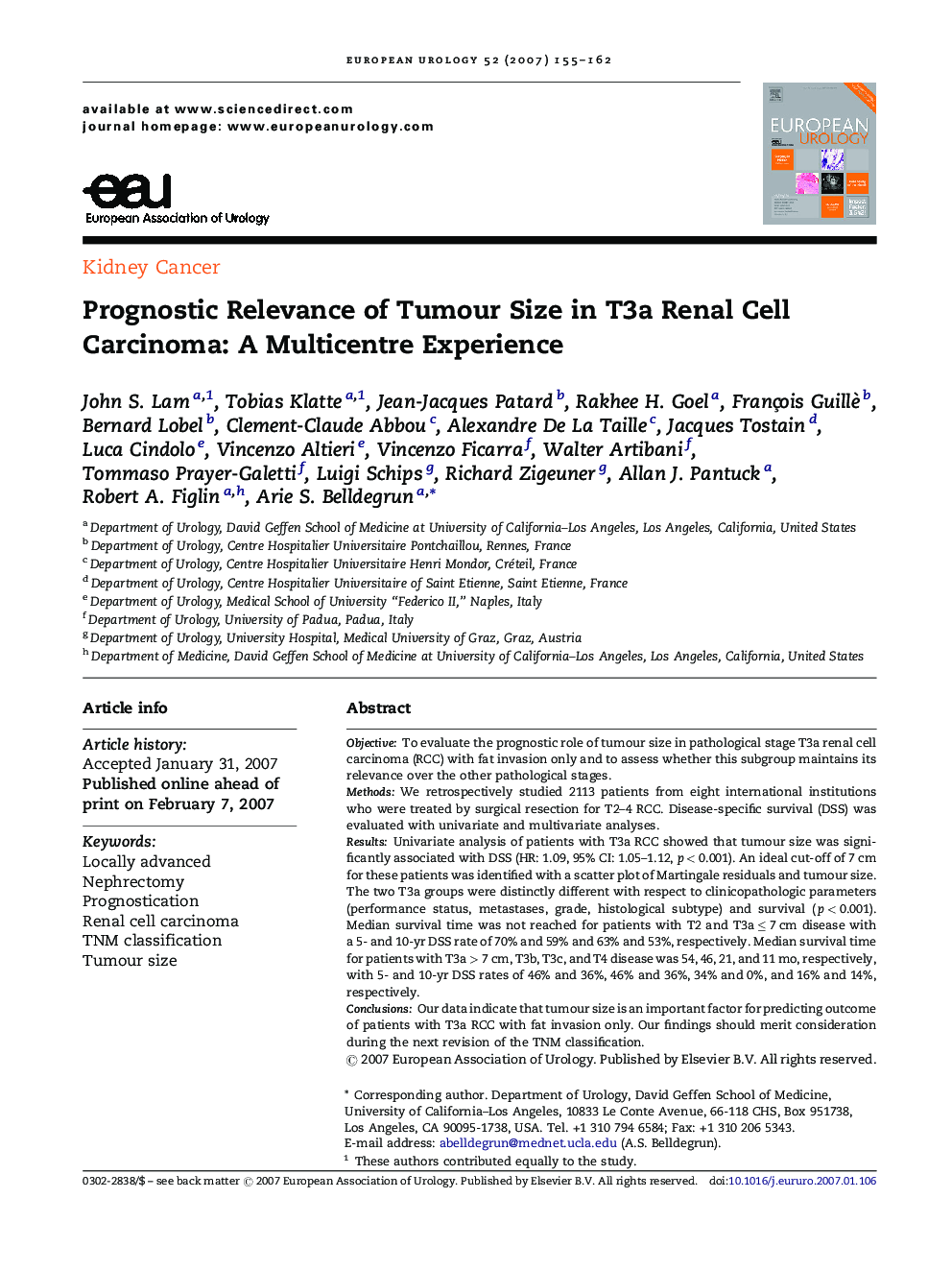 Prognostic Relevance of Tumour Size in T3a Renal Cell Carcinoma: A Multicentre Experience