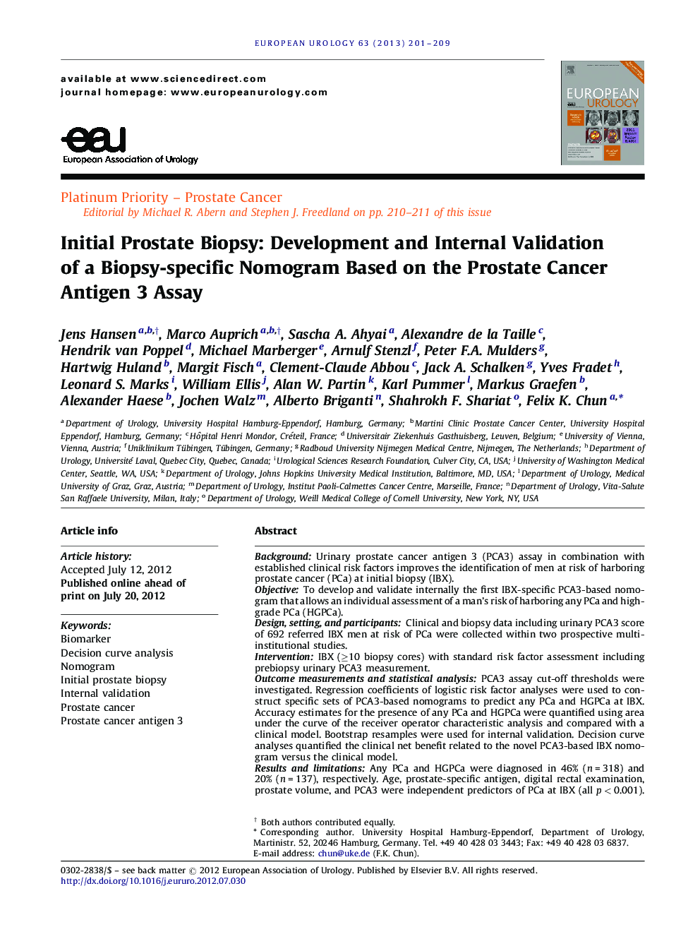 Initial Prostate Biopsy: Development and Internal Validation of a Biopsy-specific Nomogram Based on the Prostate Cancer Antigen 3 Assay