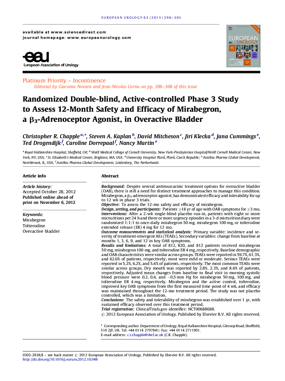 Randomized Double-blind, Active-controlled Phase 3 Study to Assess 12-Month Safety and Efficacy of Mirabegron, a β3-Adrenoceptor Agonist, in Overactive Bladder