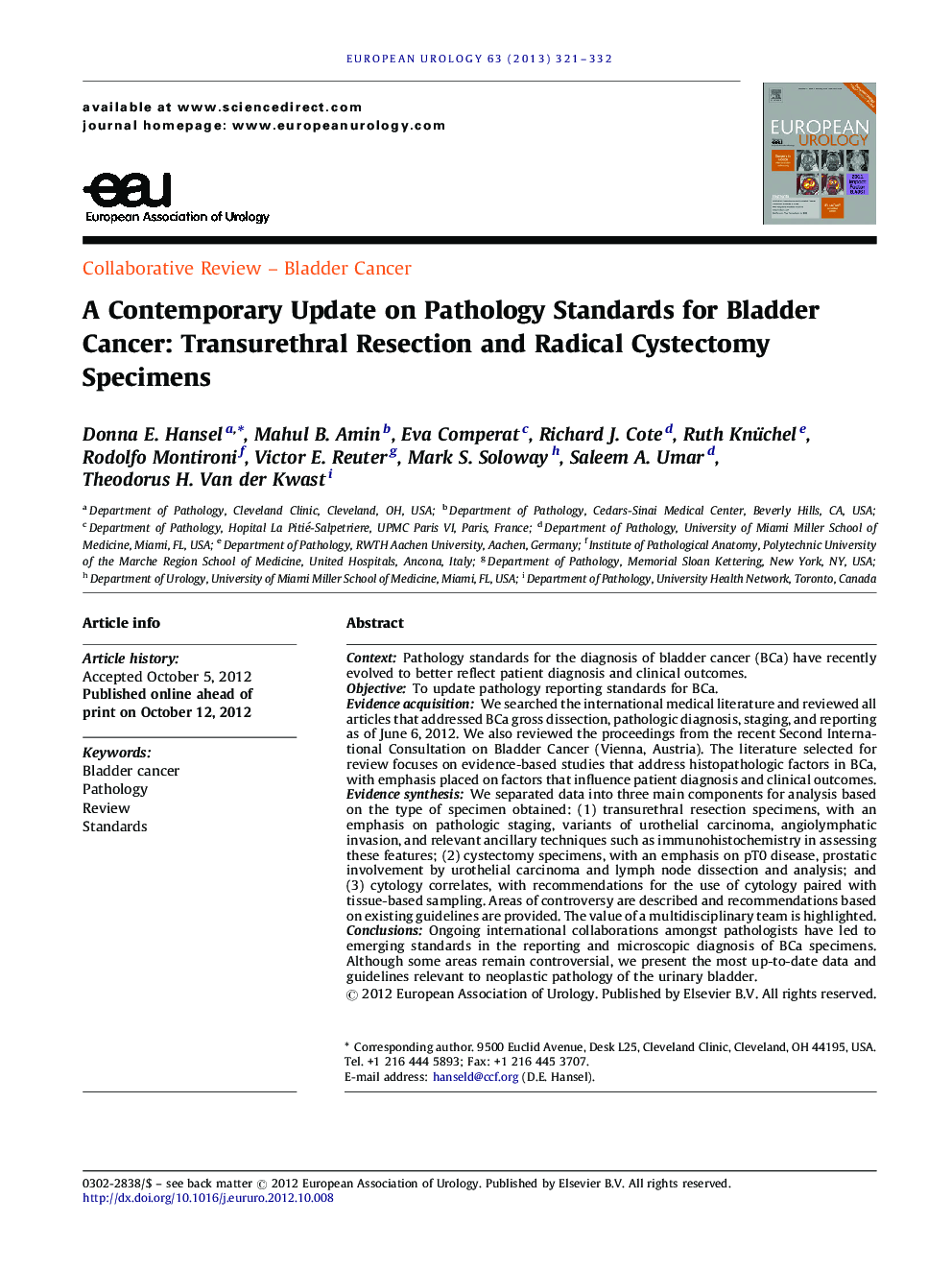 A Contemporary Update on Pathology Standards for Bladder Cancer: Transurethral Resection and Radical Cystectomy Specimens