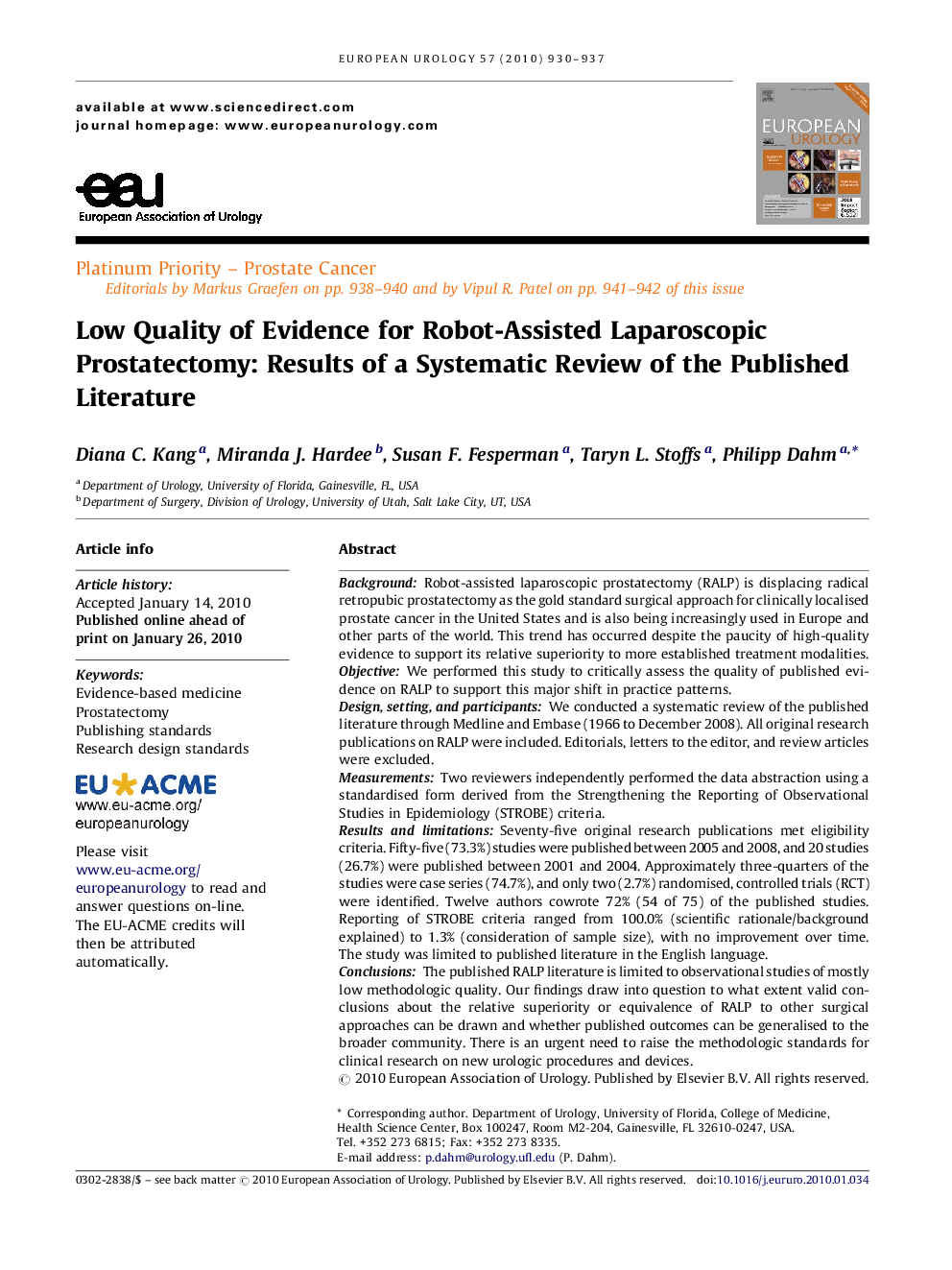 Low Quality of Evidence for Robot-Assisted Laparoscopic Prostatectomy: Results of a Systematic Review of the Published Literature 