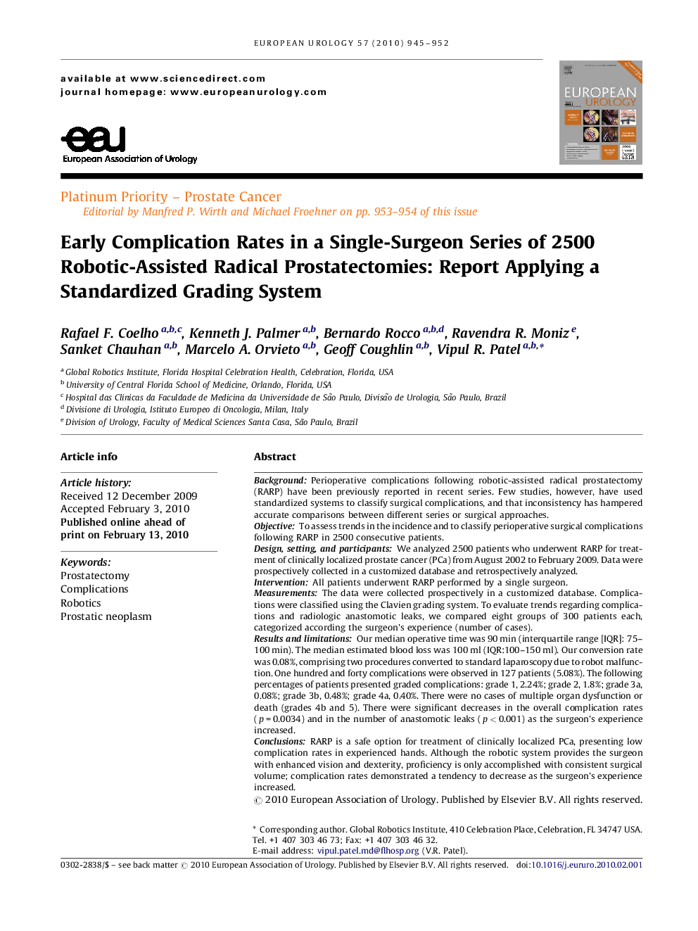 Early Complication Rates in a Single-Surgeon Series of 2500 Robotic-Assisted Radical Prostatectomies: Report Applying a Standardized Grading System