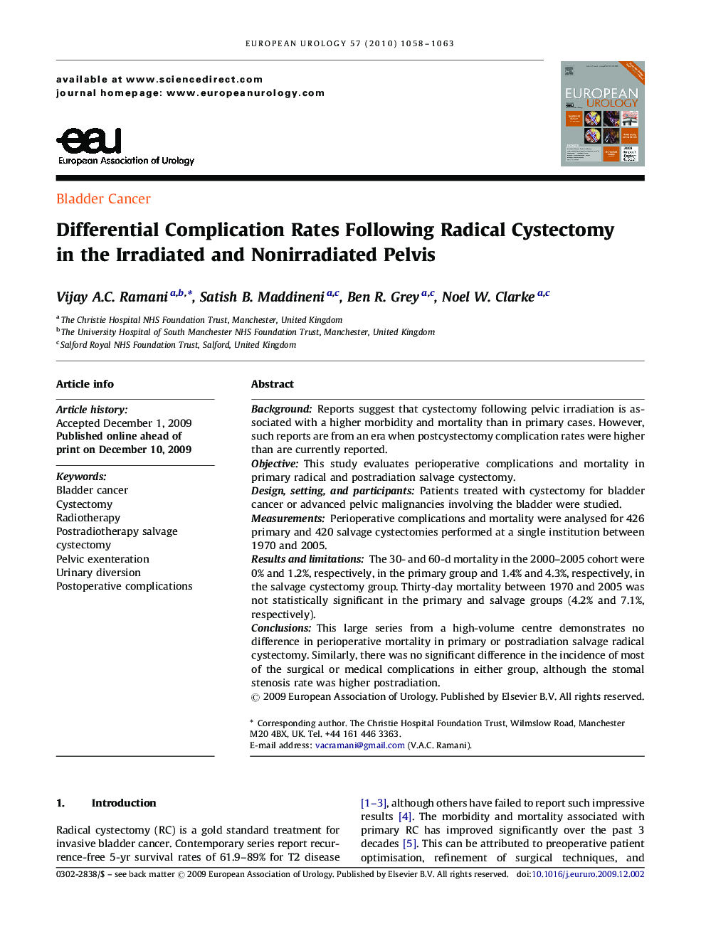 Differential Complication Rates Following Radical Cystectomy in the Irradiated and Nonirradiated Pelvis