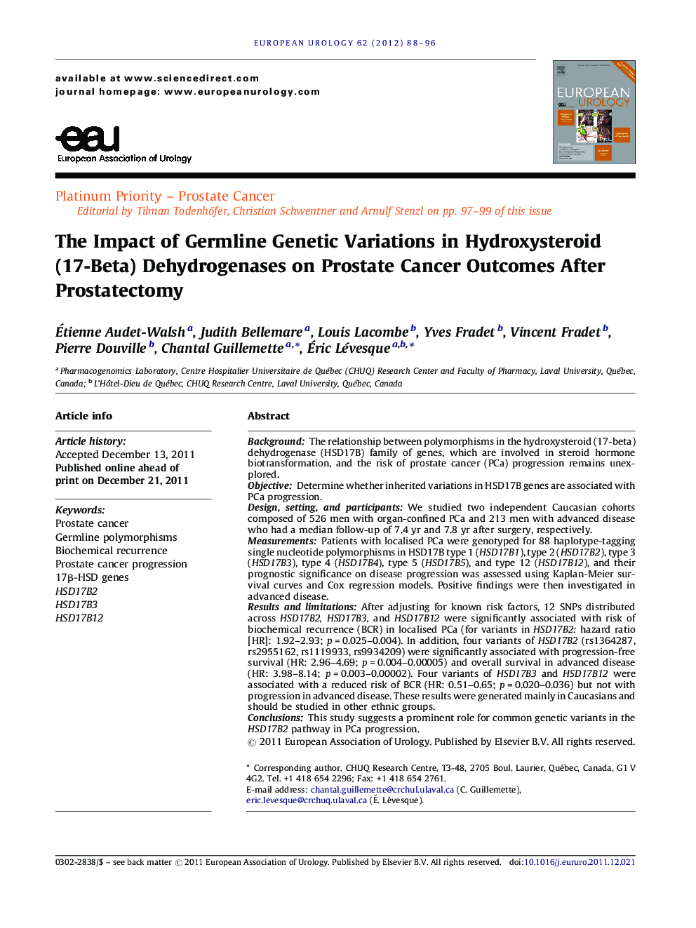 The Impact of Germline Genetic Variations in Hydroxysteroid (17-Beta) Dehydrogenases on Prostate Cancer Outcomes After Prostatectomy