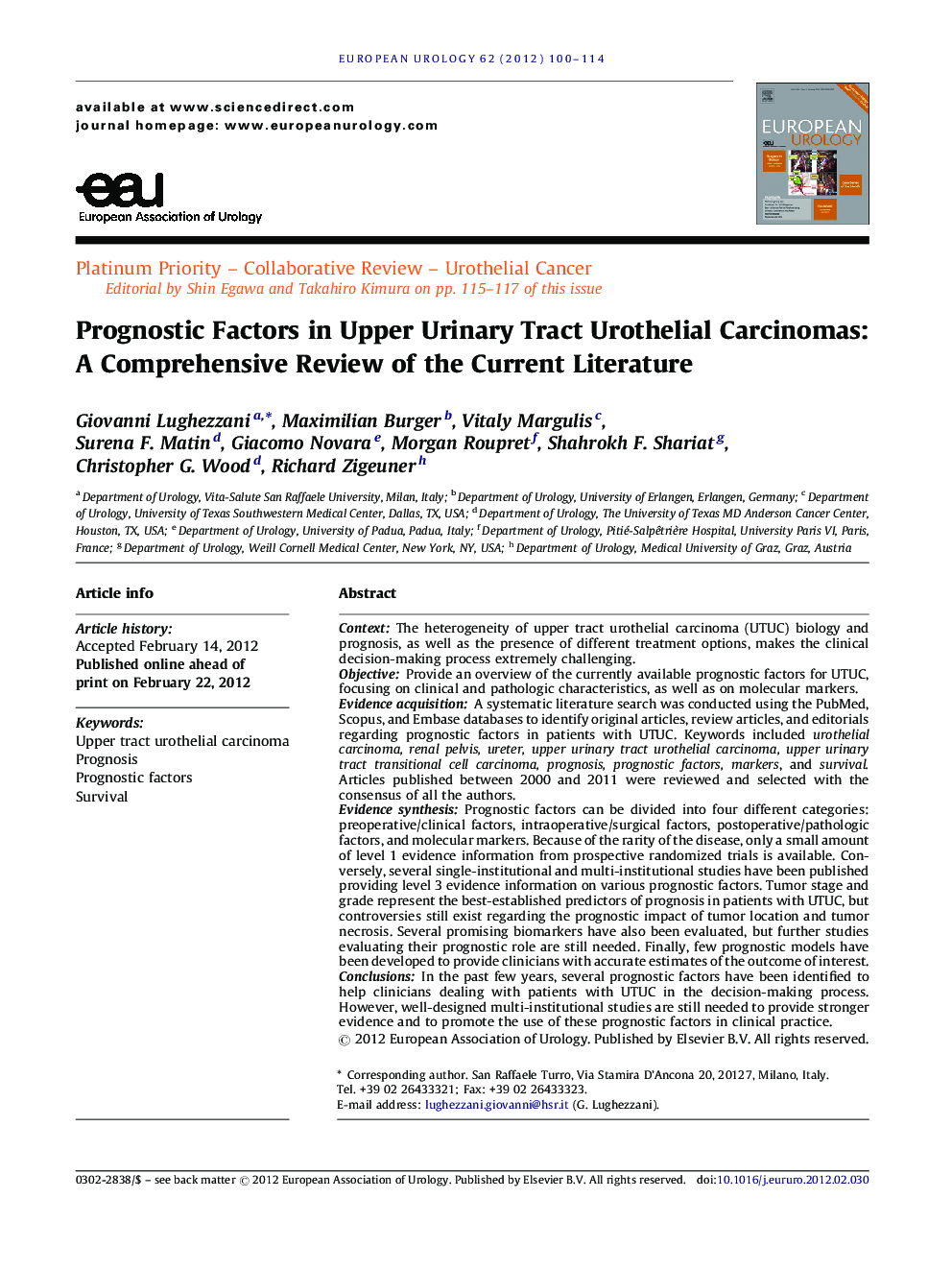 Prognostic Factors in Upper Urinary Tract Urothelial Carcinomas: A Comprehensive Review of the Current Literature