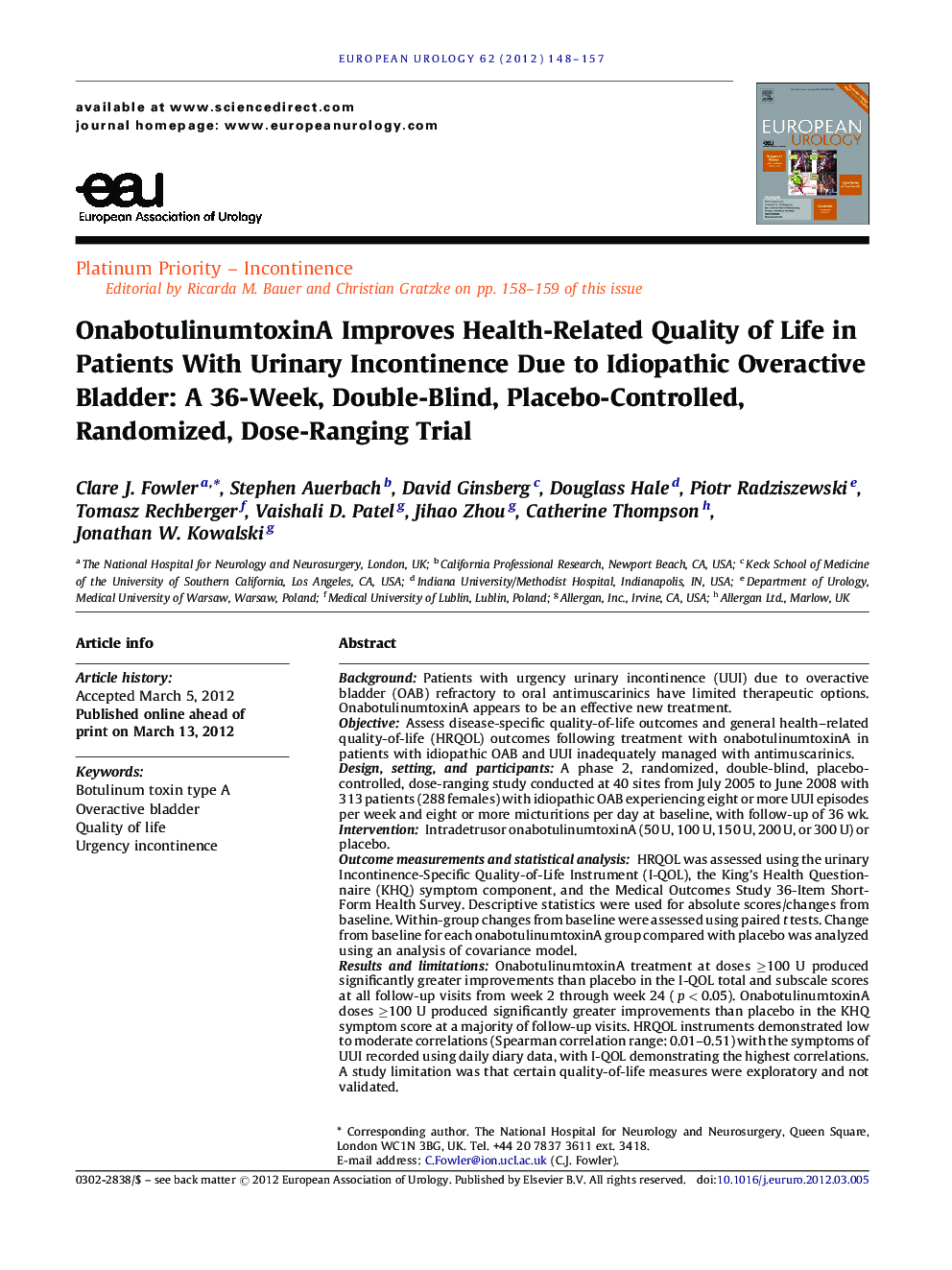 OnabotulinumtoxinA Improves Health-Related Quality of Life in Patients With Urinary Incontinence Due to Idiopathic Overactive Bladder: A 36-Week, Double-Blind, Placebo-Controlled, Randomized, Dose-Ranging Trial