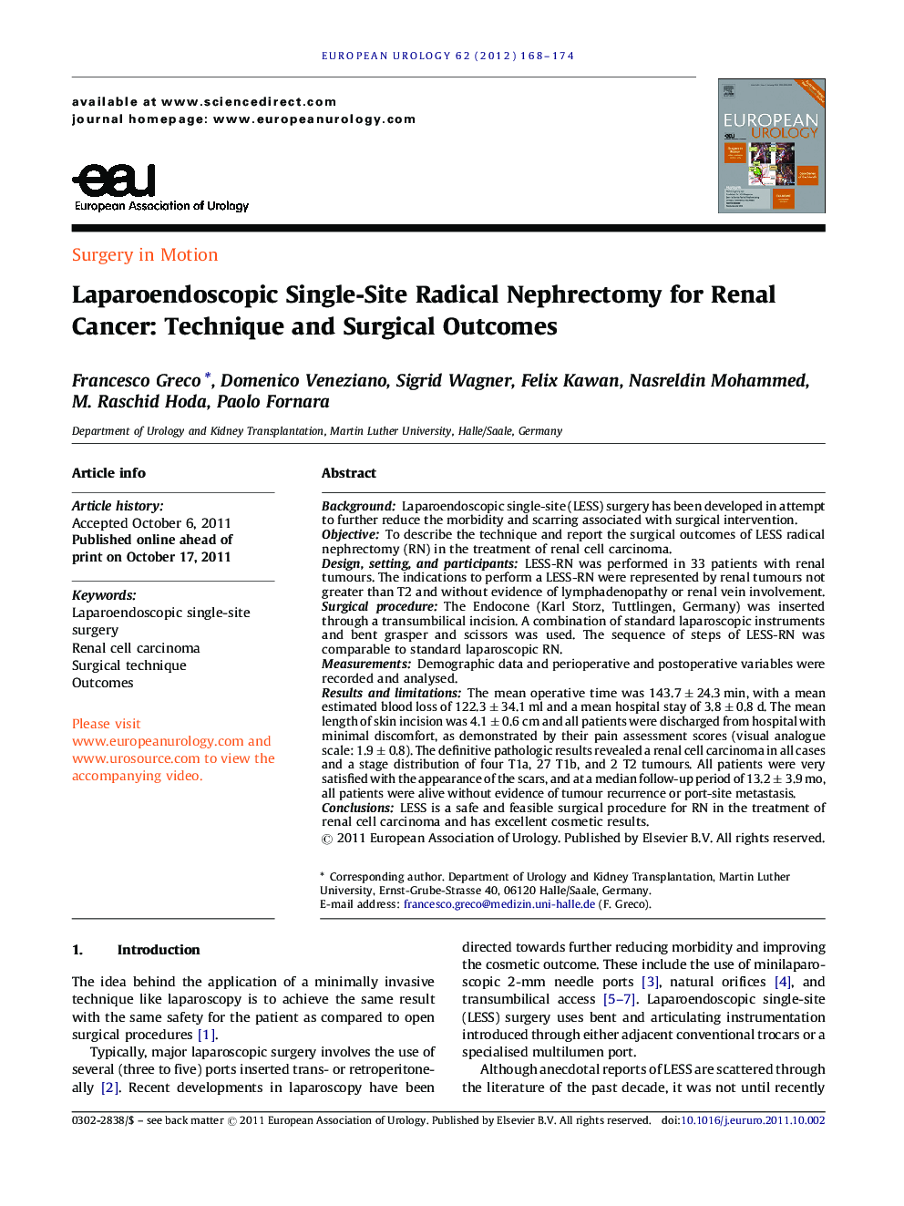 Laparoendoscopic Single-Site Radical Nephrectomy for Renal Cancer: Technique and Surgical Outcomes