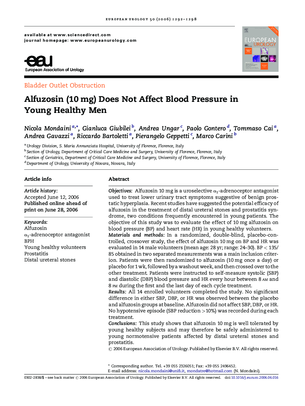Alfuzosin (10 mg) Does Not Affect Blood Pressure in Young Healthy Men