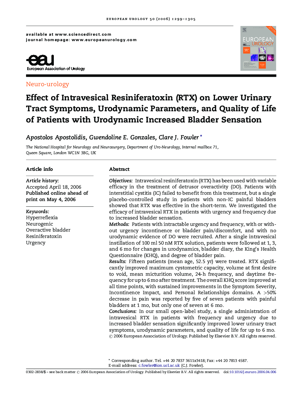 Effect of Intravesical Resiniferatoxin (RTX) on Lower Urinary Tract Symptoms, Urodynamic Parameters, and Quality of Life of Patients with Urodynamic Increased Bladder Sensation