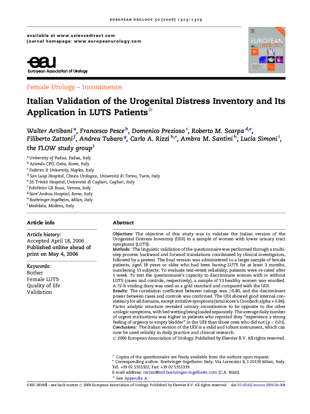 Italian Validation of the Urogenital Distress Inventory and Its Application in LUTS Patients