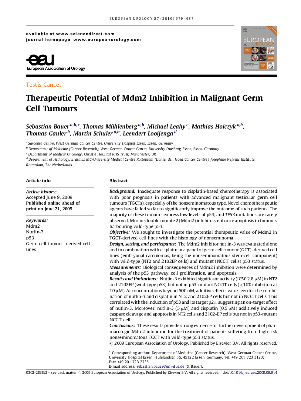 Therapeutic Potential of Mdm2 Inhibition in Malignant Germ Cell Tumours