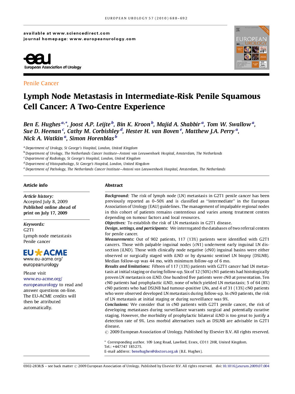 Lymph Node Metastasis in Intermediate-Risk Penile Squamous Cell Cancer: A Two-Centre Experience 