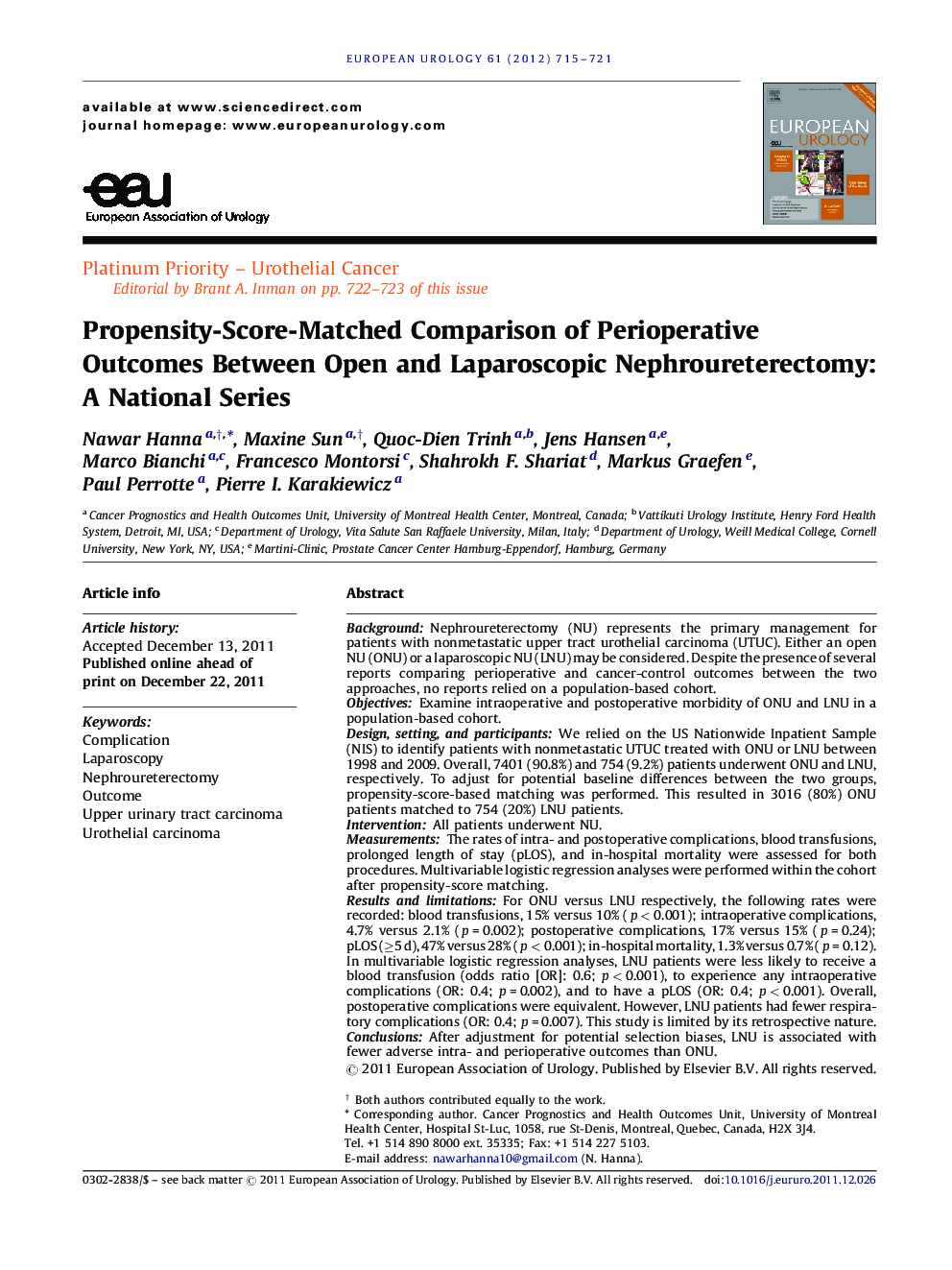 Propensity-Score-Matched Comparison of Perioperative Outcomes Between Open and Laparoscopic Nephroureterectomy: A National Series