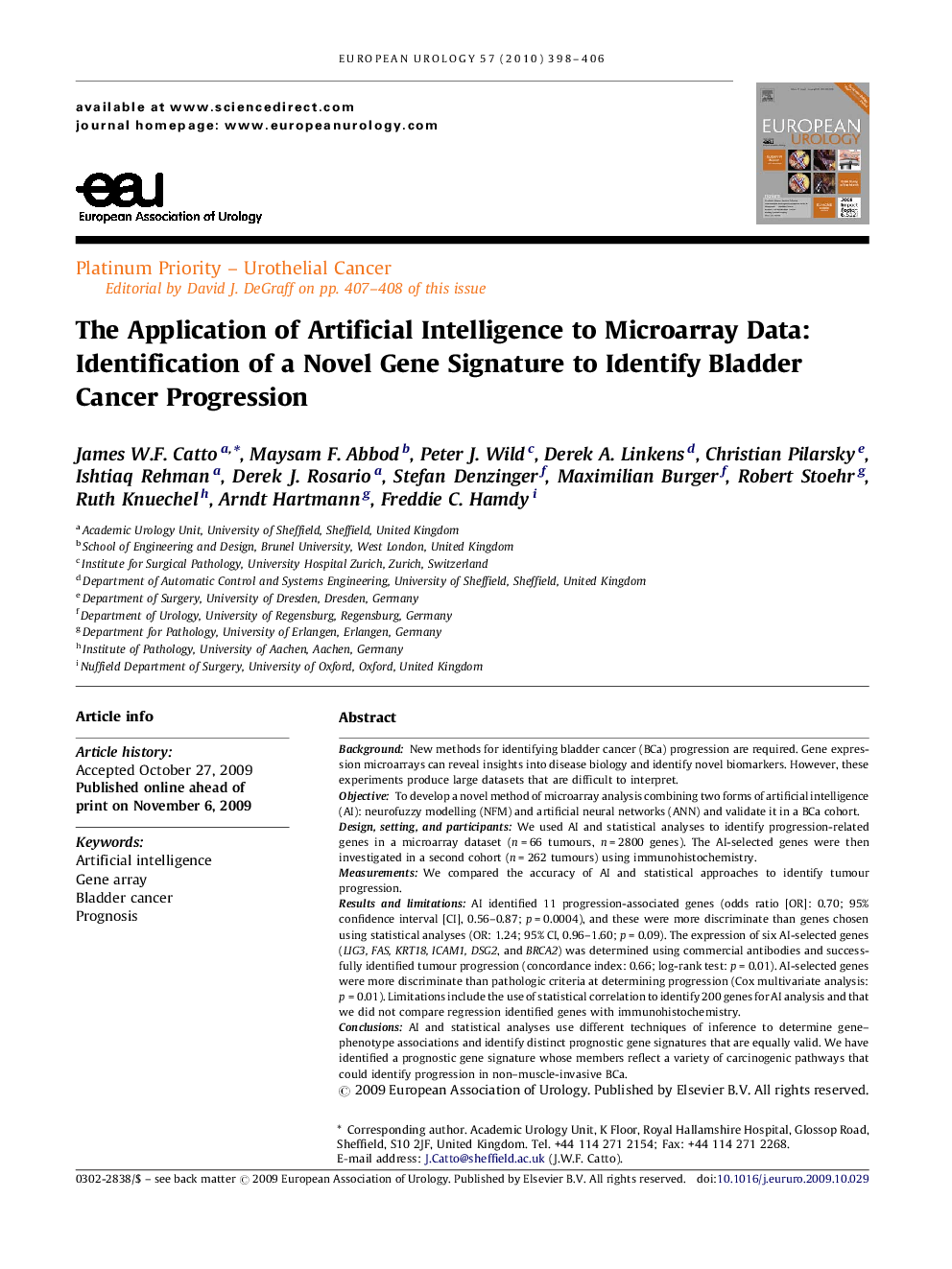 The Application of Artificial Intelligence to Microarray Data: Identification of a Novel Gene Signature to Identify Bladder Cancer Progression