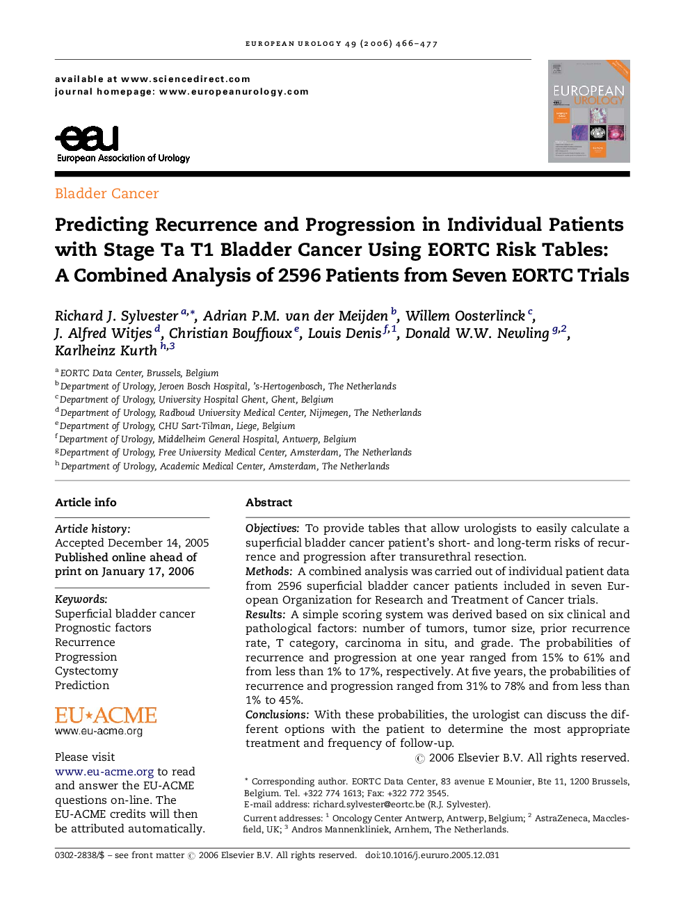 Predicting Recurrence and Progression in Individual Patients with Stage Ta T1 Bladder Cancer Using EORTC Risk Tables: A Combined Analysis of 2596 Patients from Seven EORTC Trials 