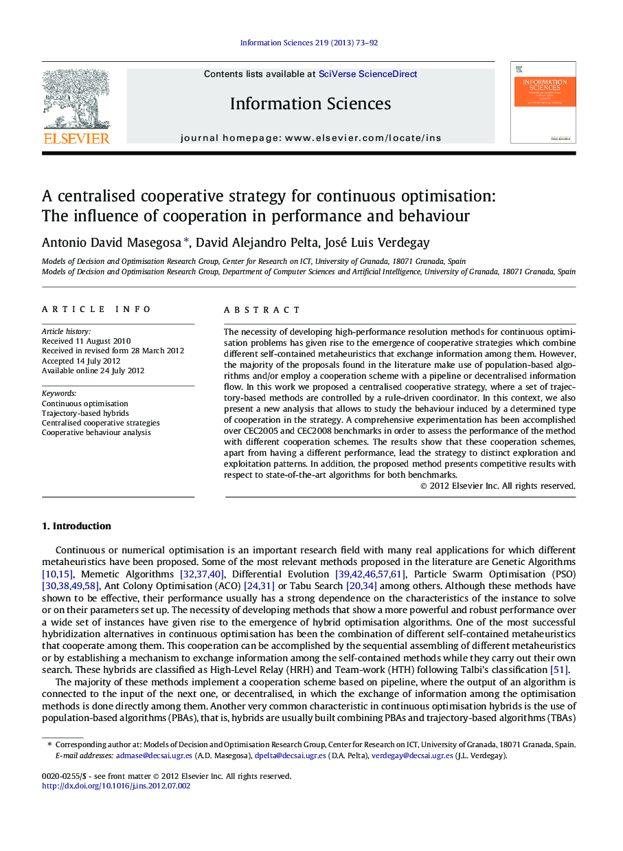 A centralised cooperative strategy for continuous optimisation: The influence of cooperation in performance and behaviour