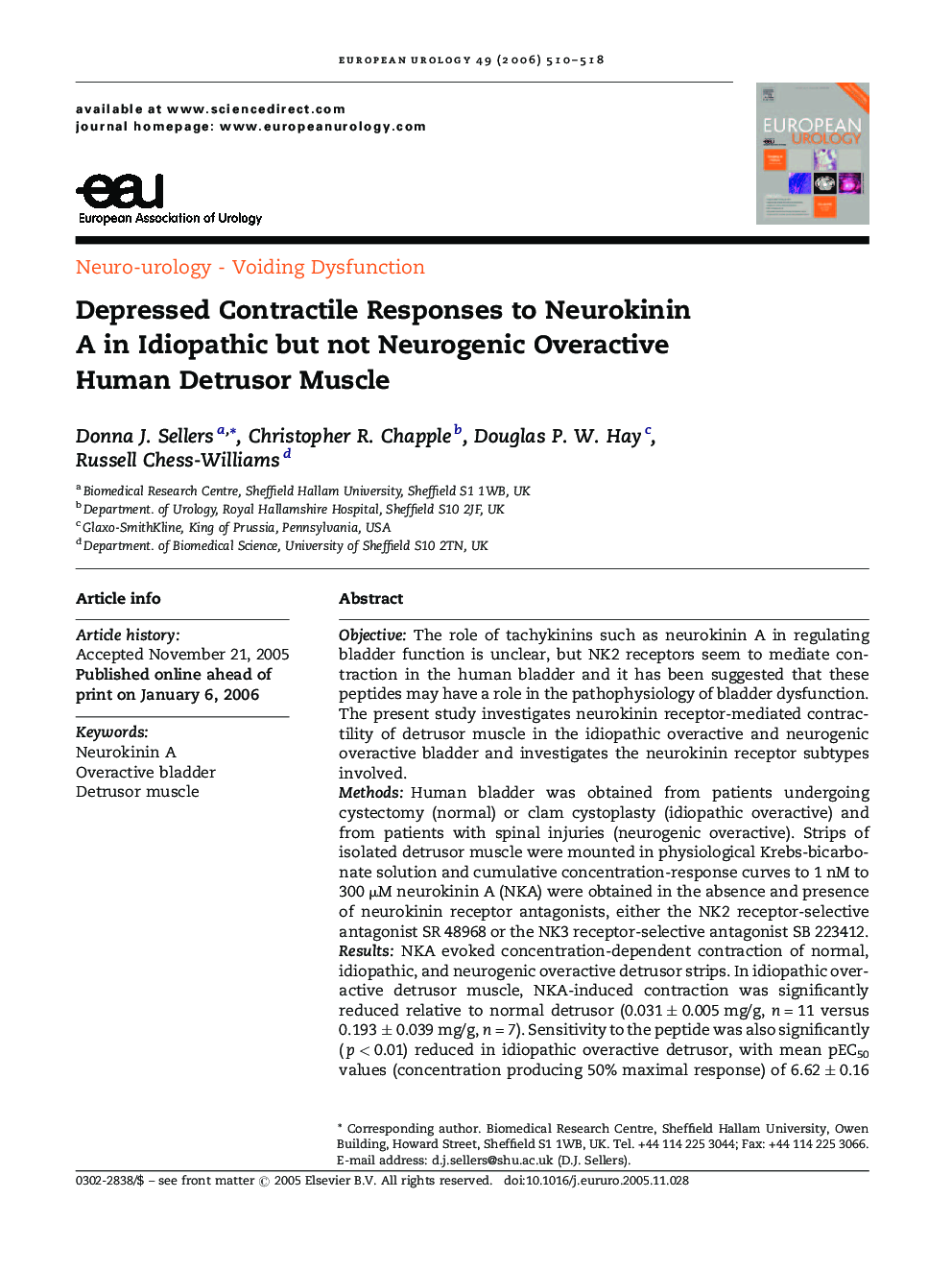 Depressed Contractile Responses to Neurokinin A in Idiopathic but not Neurogenic Overactive Human Detrusor Muscle