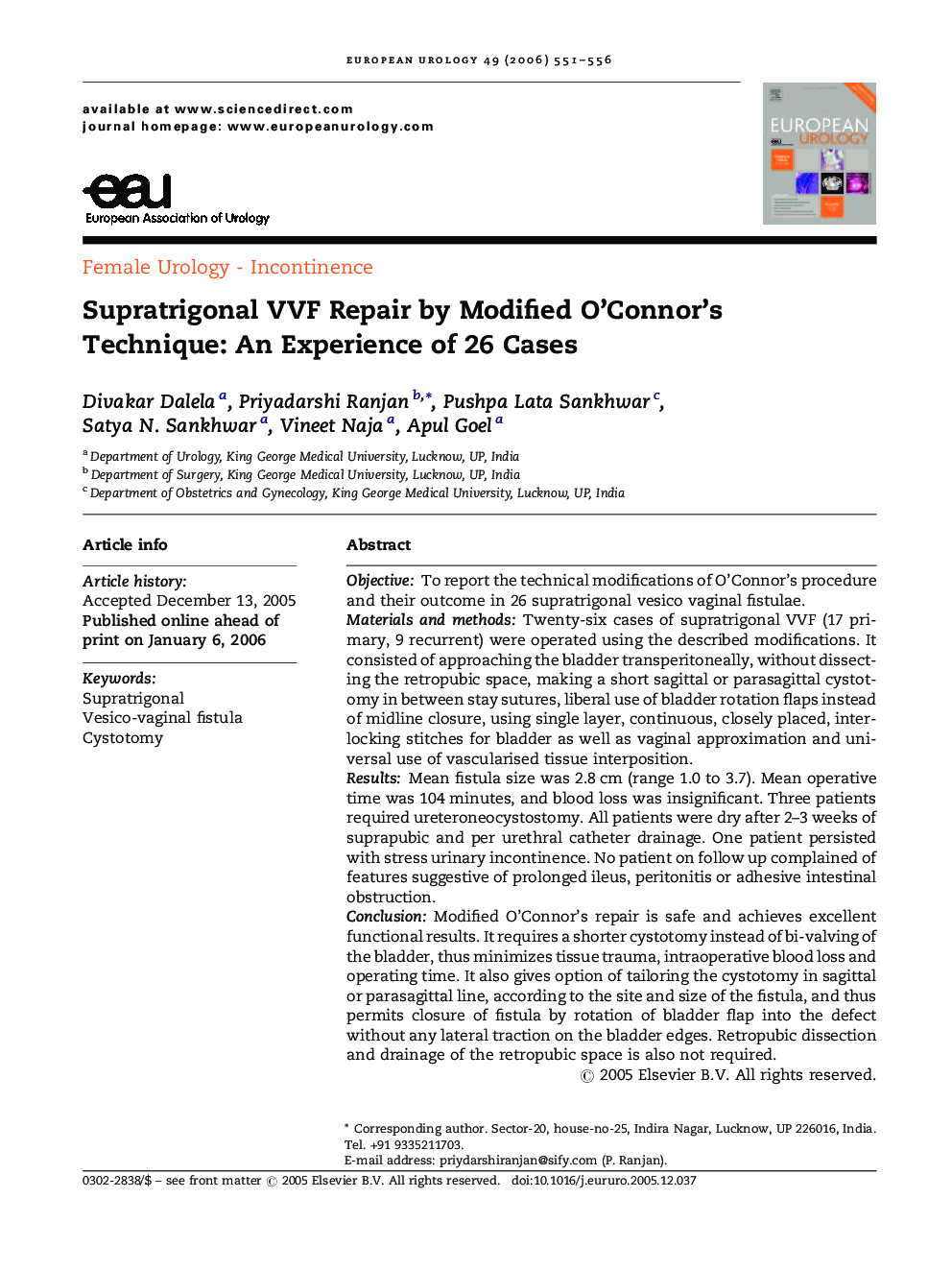 Supratrigonal VVF Repair by Modified O’Connor's Technique: An Experience of 26 Cases