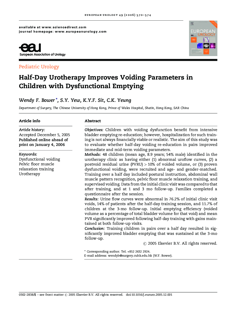 Half-Day Urotherapy Improves Voiding Parameters in Children with Dysfunctional Emptying