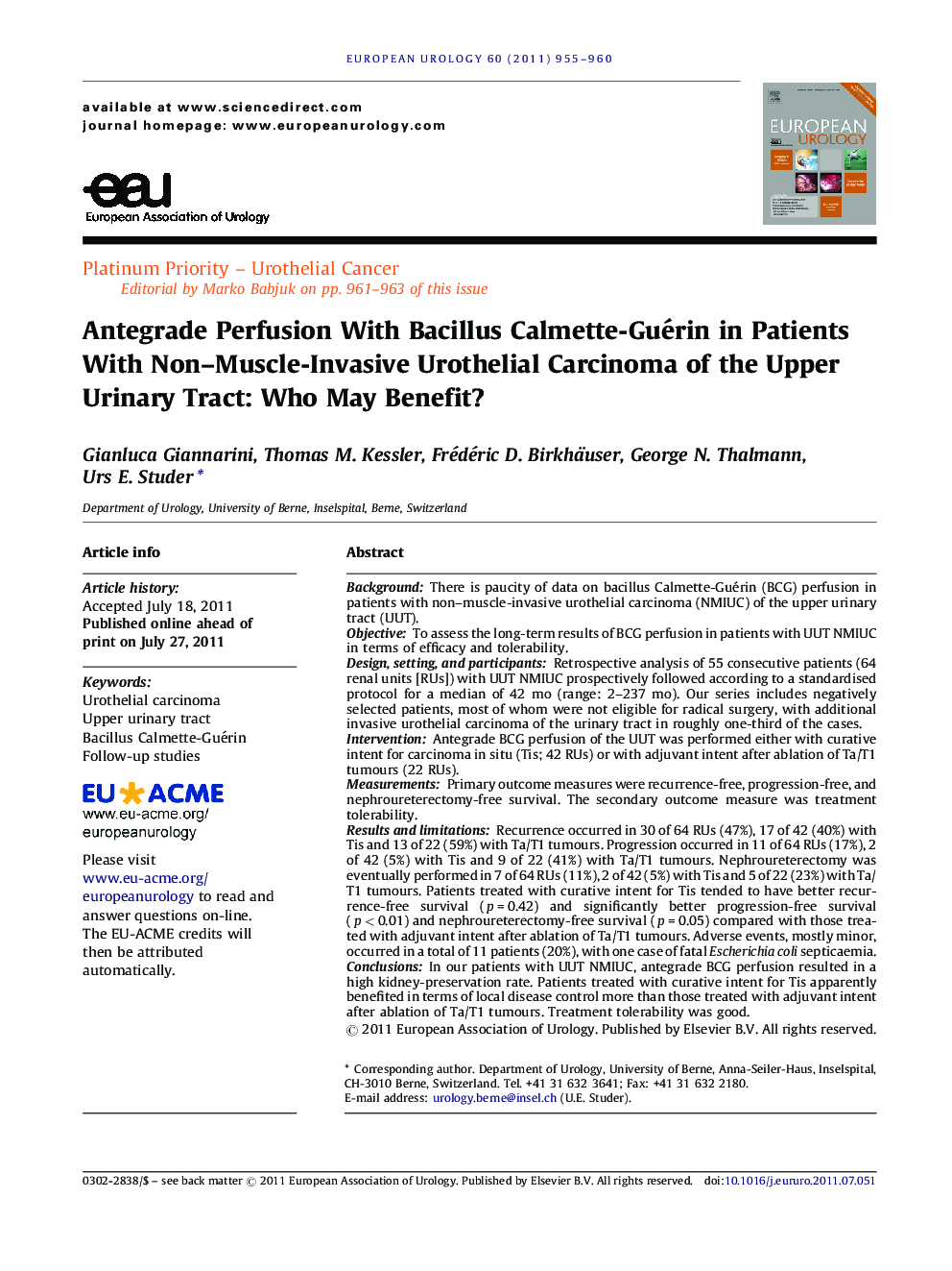 Antegrade Perfusion With Bacillus Calmette-Guérin in Patients With Non–Muscle-Invasive Urothelial Carcinoma of the Upper Urinary Tract: Who May Benefit? 