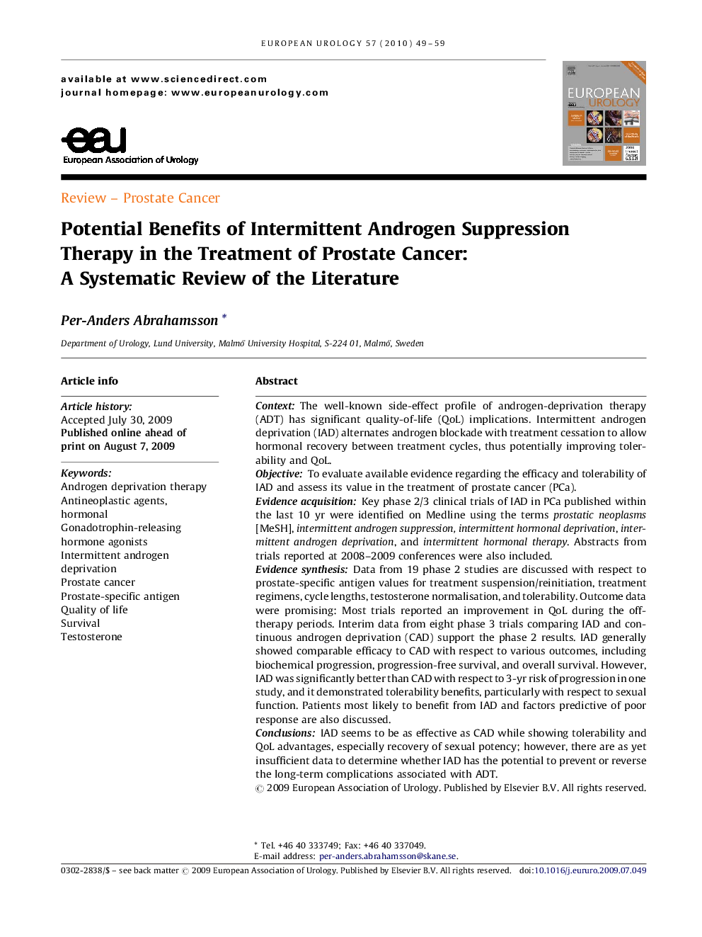 Potential Benefits of Intermittent Androgen Suppression Therapy in the Treatment of Prostate Cancer: A Systematic Review of the Literature