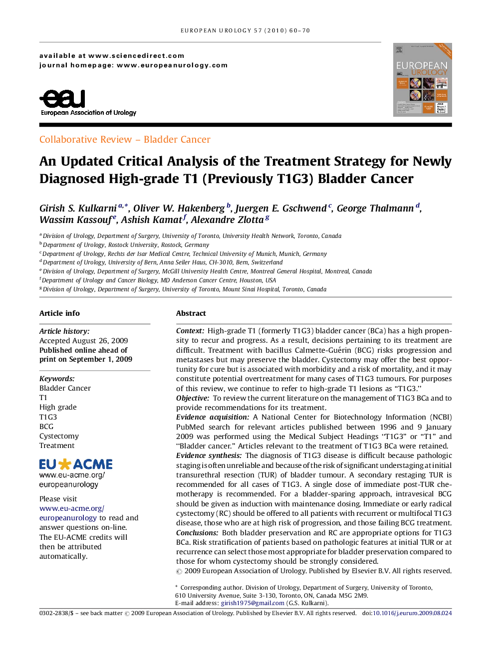 An Updated Critical Analysis of the Treatment Strategy for Newly Diagnosed High-grade T1 (Previously T1G3) Bladder Cancer 