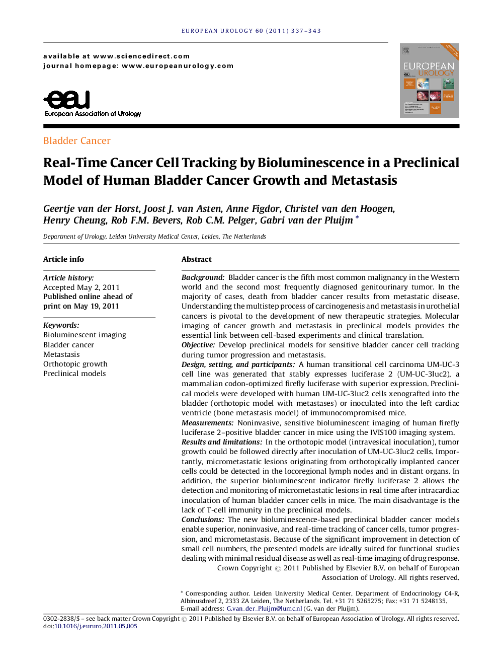 Real-Time Cancer Cell Tracking by Bioluminescence in a Preclinical Model of Human Bladder Cancer Growth and Metastasis