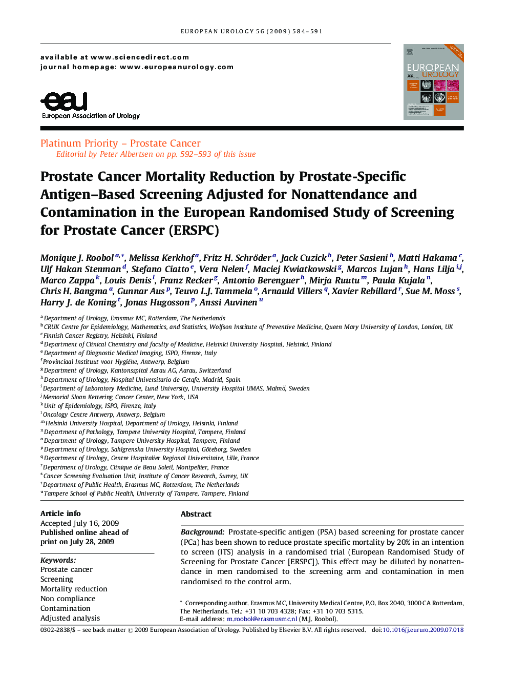 Prostate Cancer Mortality Reduction by Prostate-Specific Antigen–Based Screening Adjusted for Nonattendance and Contamination in the European Randomised Study of Screening for Prostate Cancer (ERSPC) 