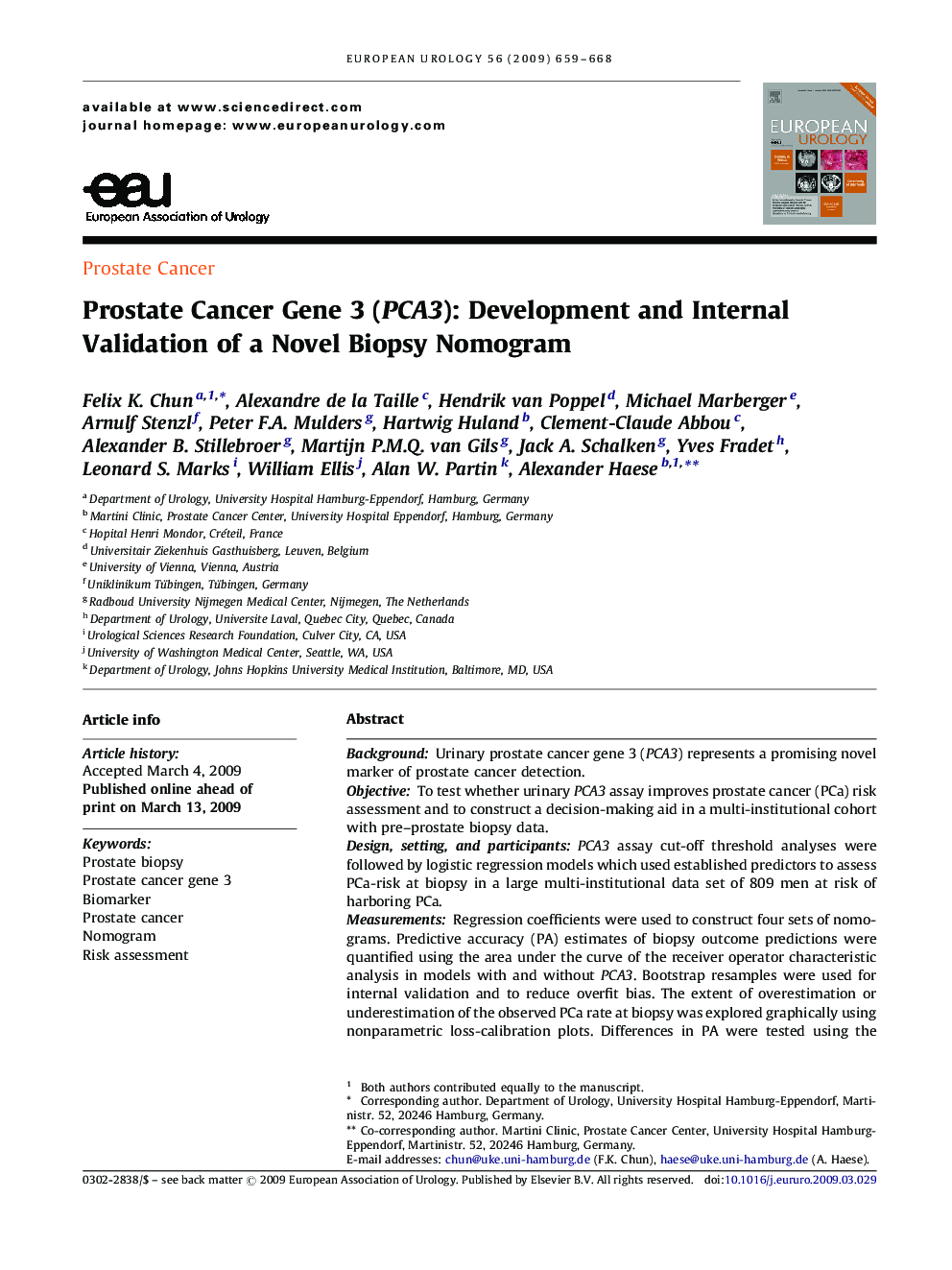 Prostate Cancer Gene 3 (PCA3): Development and Internal Validation of a Novel Biopsy Nomogram