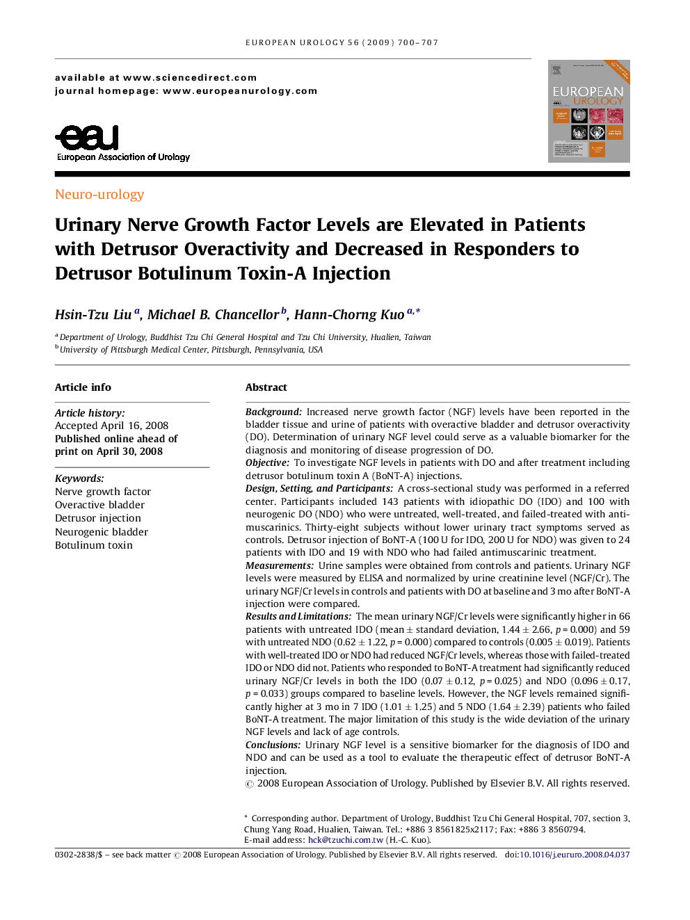 Urinary Nerve Growth Factor Levels are Elevated in Patients with Detrusor Overactivity and Decreased in Responders to Detrusor Botulinum Toxin-A Injection