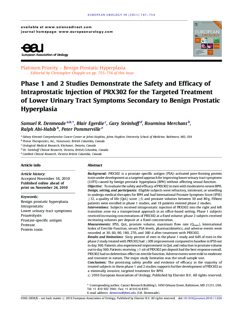 Phase 1 and 2 Studies Demonstrate the Safety and Efficacy of Intraprostatic Injection of PRX302 for the Targeted Treatment of Lower Urinary Tract Symptoms Secondary to Benign Prostatic Hyperplasia